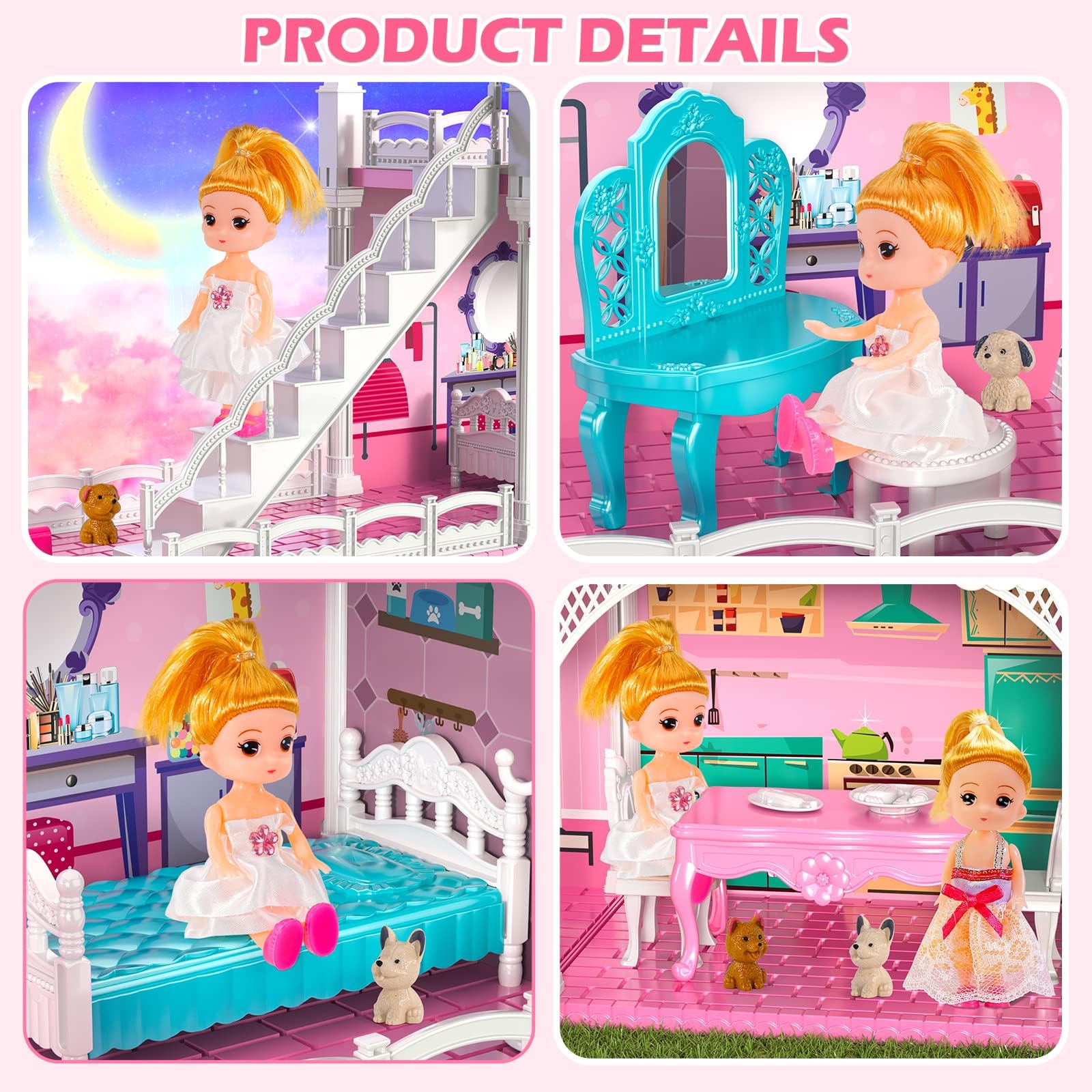 deAO Poppenhuis voor kinderen, droomhuisset om zelf te maken, met poppen, meubels en accessoires, 4 verdiepingen, 9 kamers, fantastisch prinsessenhuis, cadeau voor 3 jaar