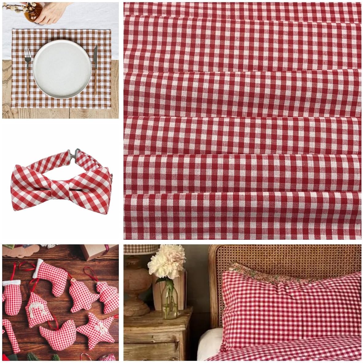 57x144 Inch Red and White Small Gingham Fabric 130GSM Cotton Blend for Sewing Festive Tablecloth Apron Dress Curtain Bedding