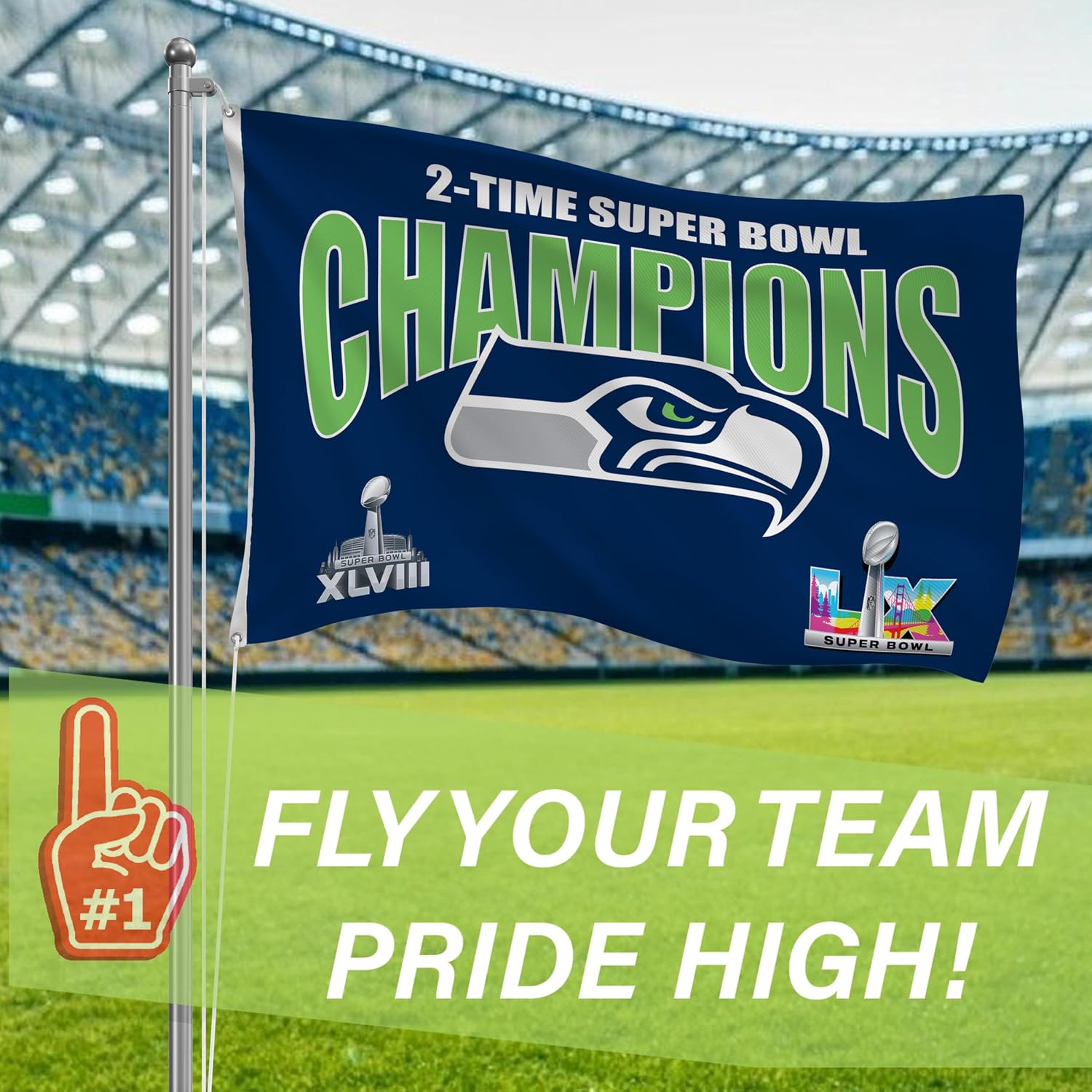 NFL Seattle Seahawks Multi-Win Superbowl Champions 3x5 Flag for Outside with Grommets | Outdoor & Indoor | Heavy Duty Flag & Banner | Works with Flag Pole for Outside House