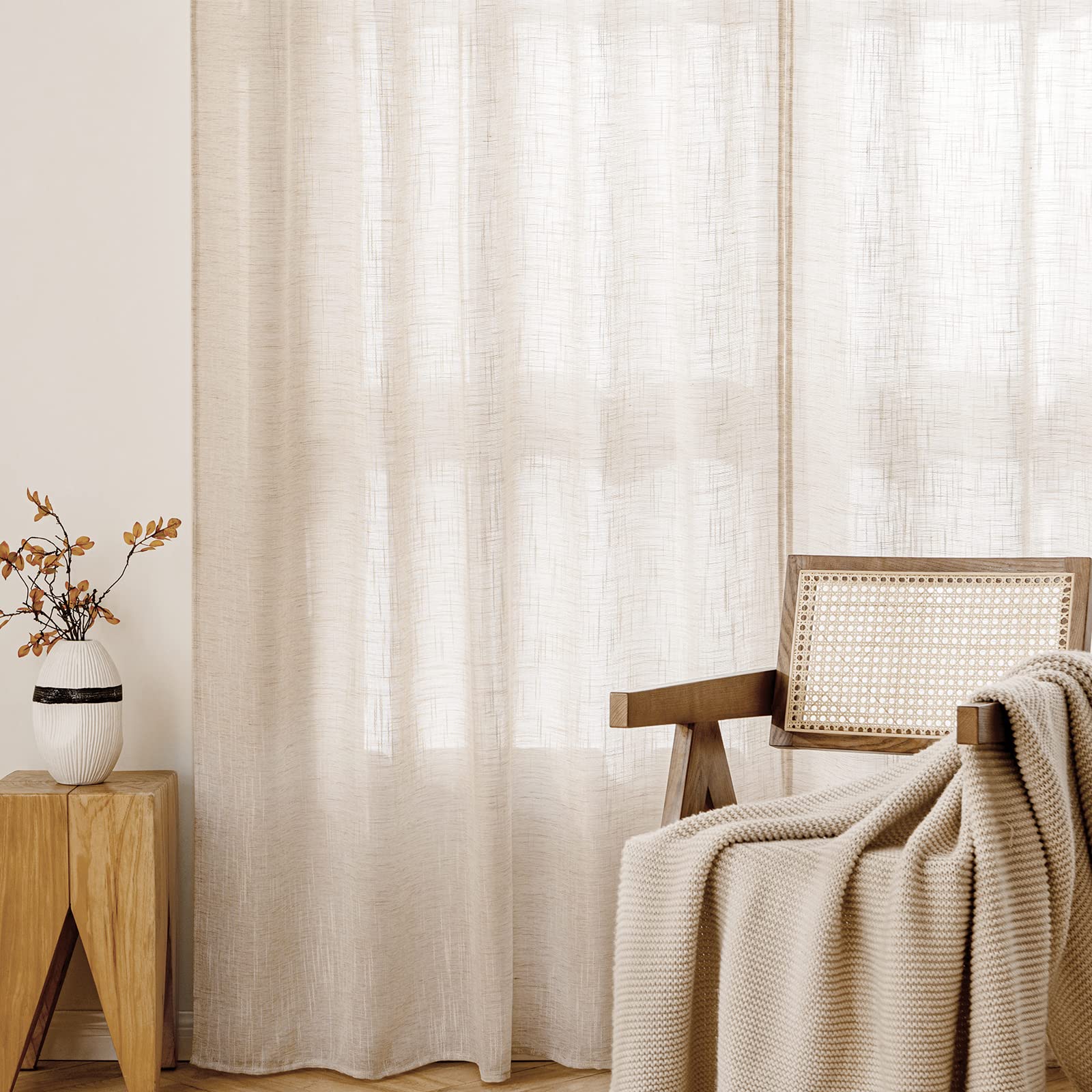 Rideau Voilage Lin 140x225 cm Lot de 2 Riz Blanc MIULEE