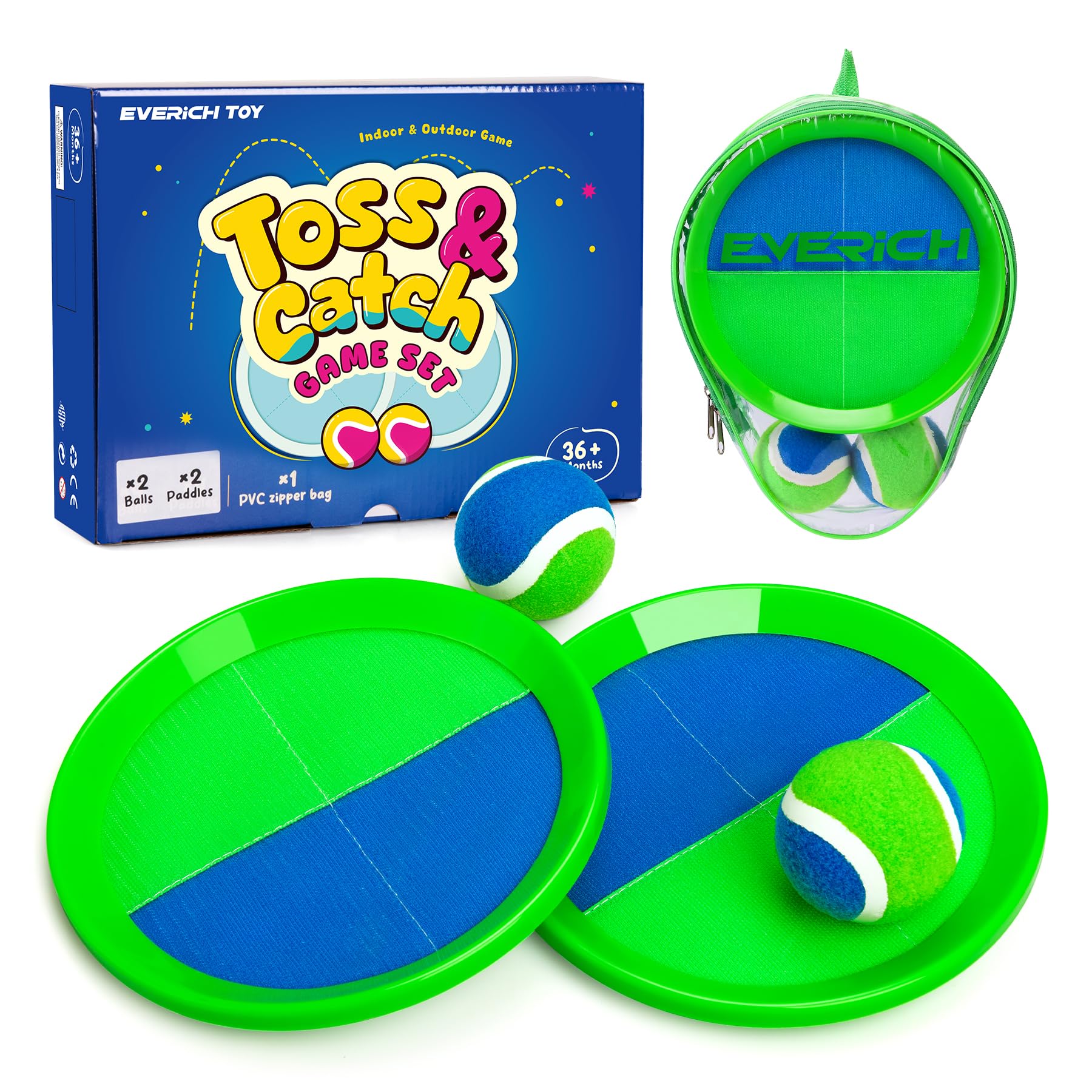 EVERICH TOY Upgraded Toss and Catch Ball Game Set, Kids Toy Stocking Stuffers for Boys Girls Ages 3-12, Includes 2 Paddles 2 Sticky Balls, Water-Resistant Indoor Outdoor Toy for Beach Pool Yard