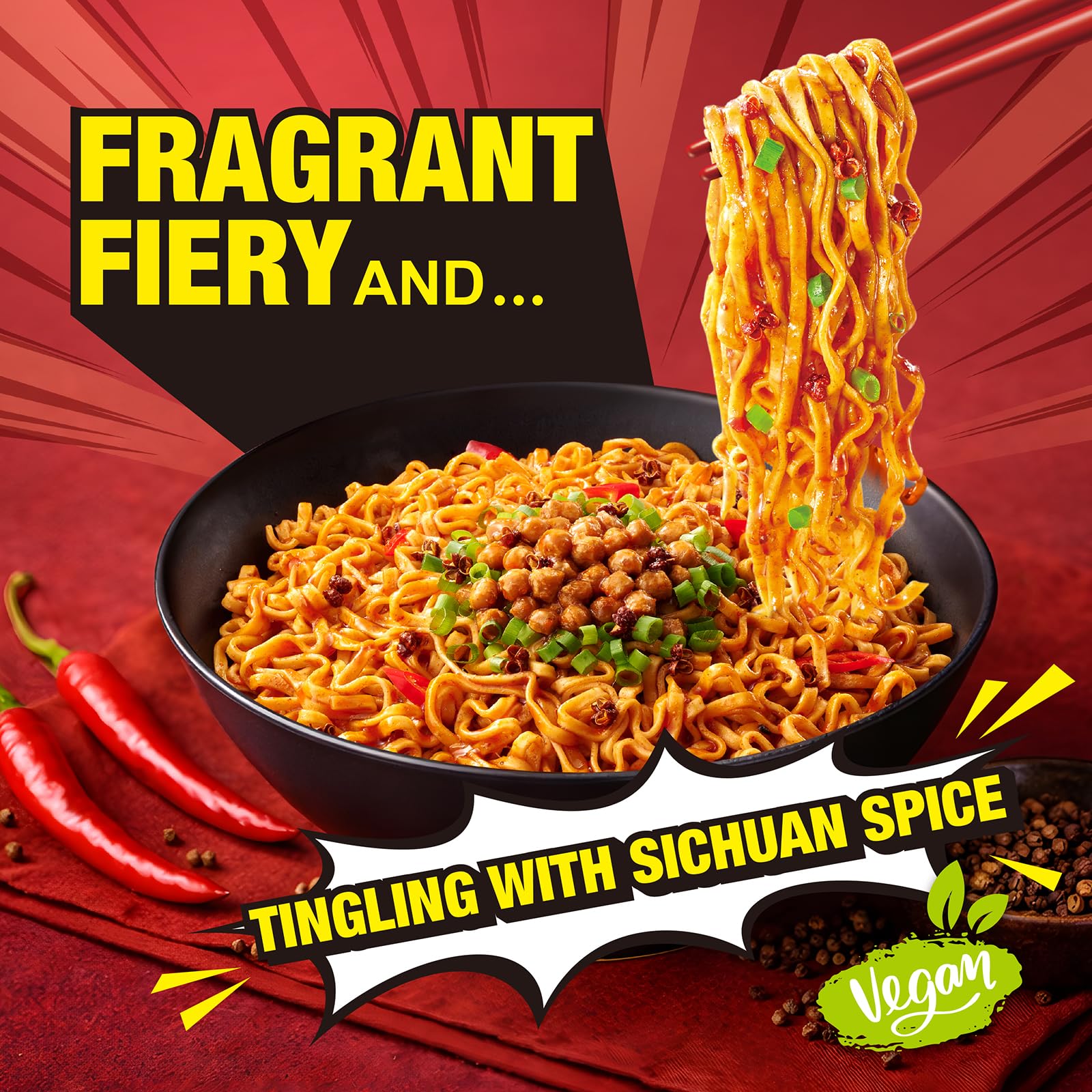 JWAY Sichuan Pepper Stir Fry Noodles, Deep-fried Instant Ramen with Chili Oil, Spicy Dry Tossed Noodles, Real Vegetable Pack, Rich Chili Flavor, Quick & Easy Ready Meal, 3.20 oz (Pack of 12)