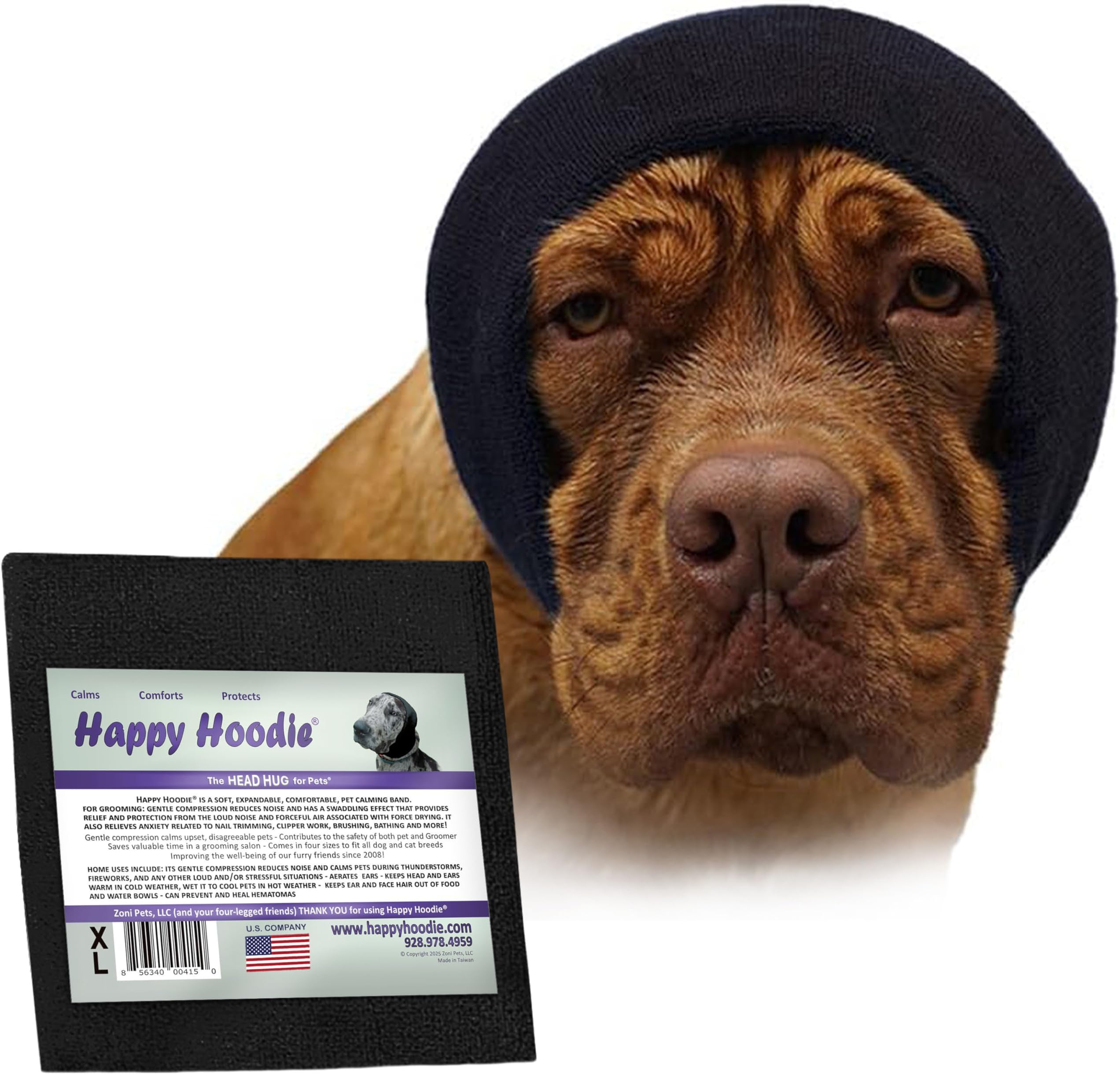 Happy Hoodie The Original Dog & Cat Calming Band - American Brand - Anxiety Relief/Noise Protection-Grooming-Thunder-Fireworks (X-Large, Black) - Since 2008