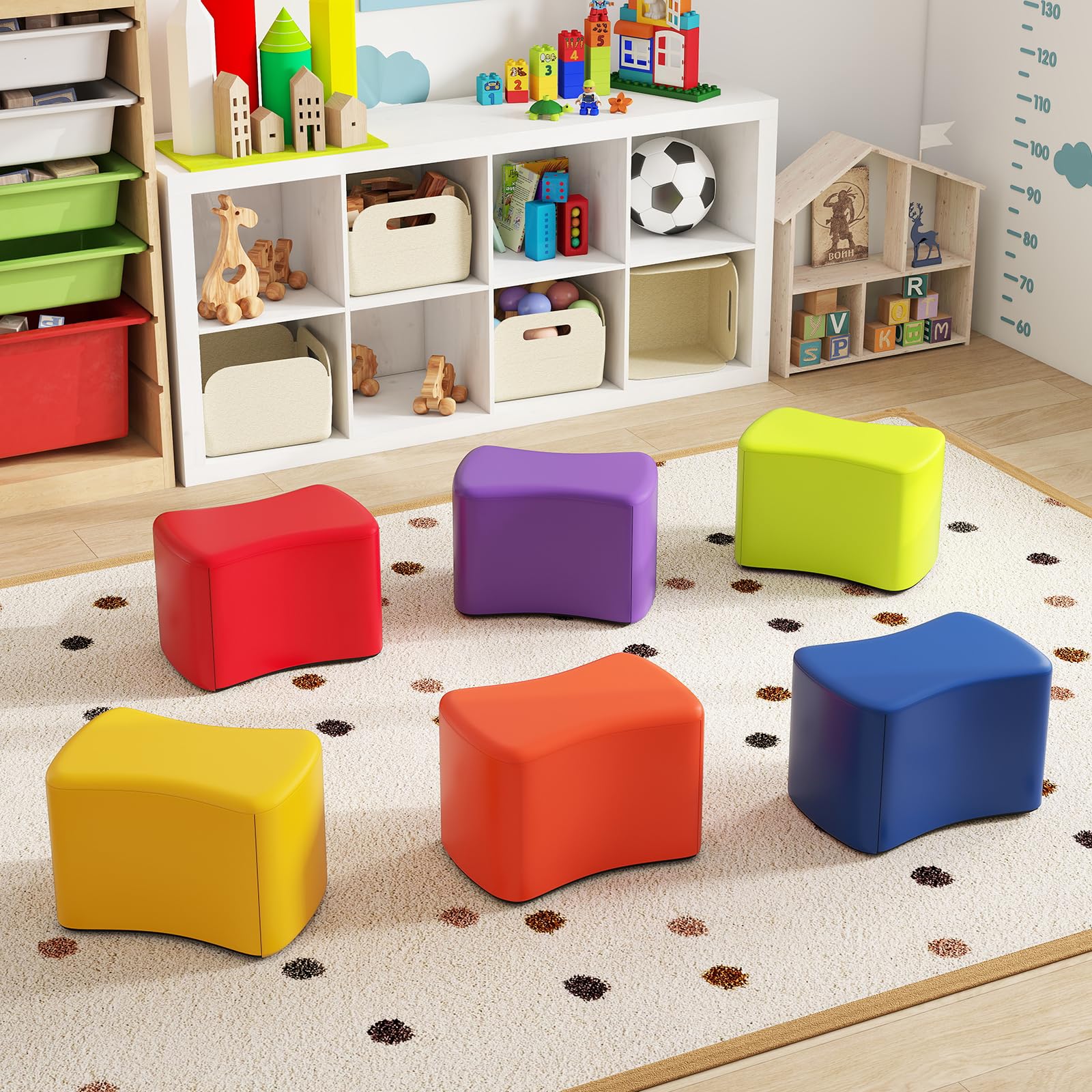 COSTWAY 6 er Set Kinderhocker, Schmetterlingshocker aus Schaumstoff mit abnehmbarem PU-Bezug, bunter Sitzhocker stapelbar, Fußhocker für Kinderzimmer, Kindergarten