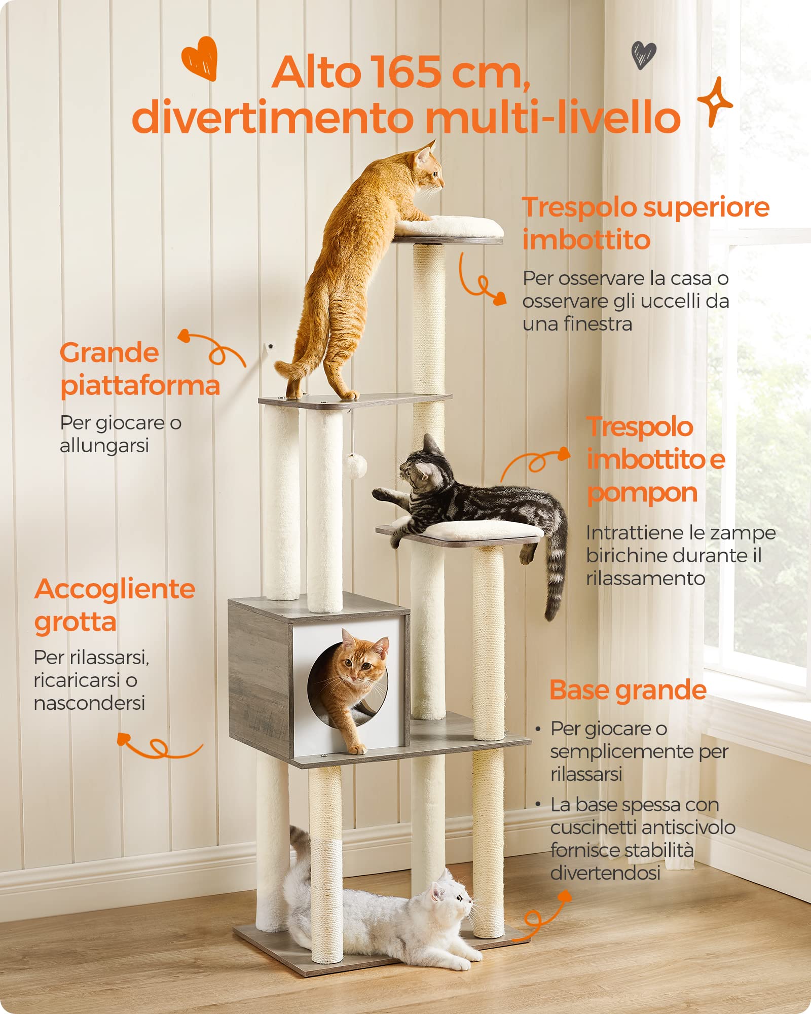 Feandrea Albero per Gatti, 165 cm, Tiragraffi Moderno con 9 Graffiatoi