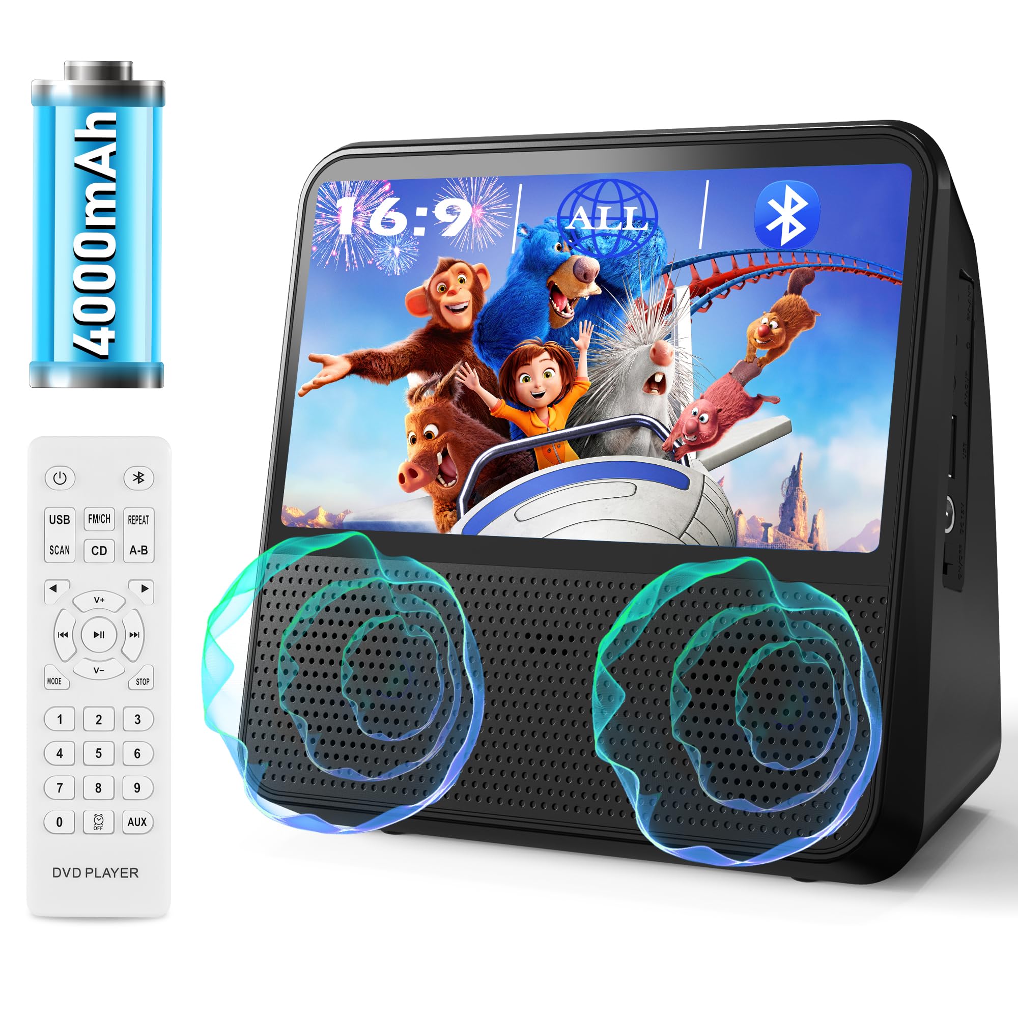 Lecteur DVD Portable Rechargeable 4000mAh, écran HD 9,8", Toutes Zones Libres, Compatible DVD/CD/Bluetooth/AUX/RCA/USB