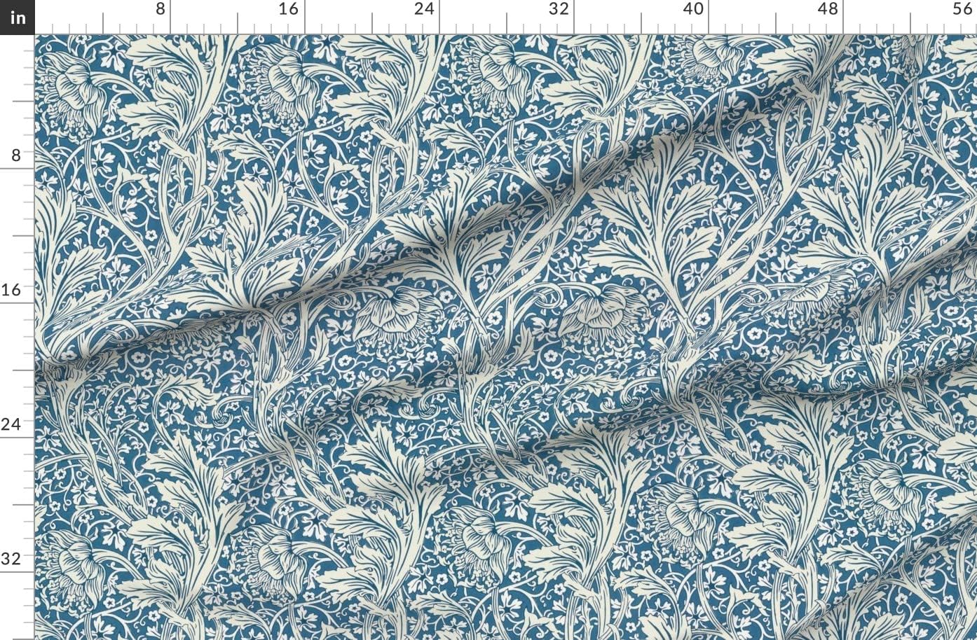 Spoonflower Fabric - Victorian Floral Arts and Crafts Teal Blue Printed on Organic Cotton Sateen Fabric by The Yard - Sewing Quilting Apparel Home Decor