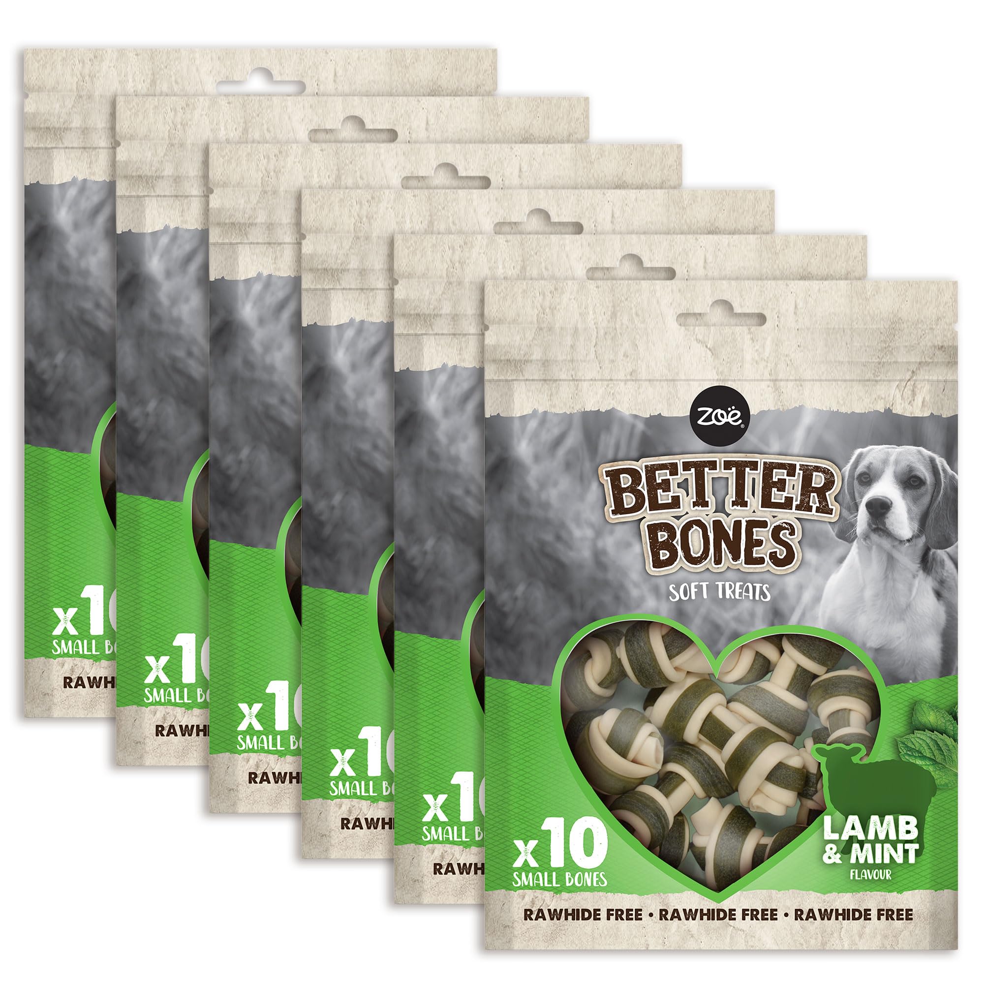 Zoë Better Bones Soft Dog Treat Chews, Pouch of Rawhide-Free, Bone-Shaped Dog Training Chews - Lamb & Mint Flavour, 6 Bags of 10 pcs