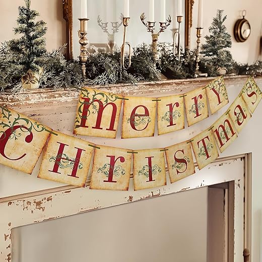 Christmas Decorations - Vintage Merry Christmas Banner - Retro Nostalgic Traditional Old Fashioned Victorian Xmas Holiday Clearance Decor for Indoor Home Office Fireplace Mantle Farmhouse