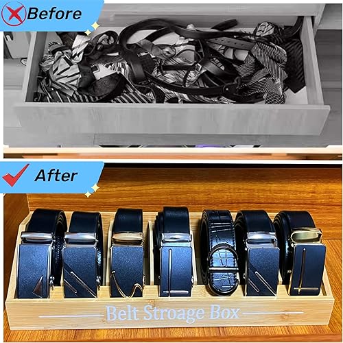 Miniatura 5 de MAMDAFAON Caja organizadora de cinturón para armario, 7 rejillas, organizador de almacenamiento de cinturón de bambú, estantes de madera para colgar