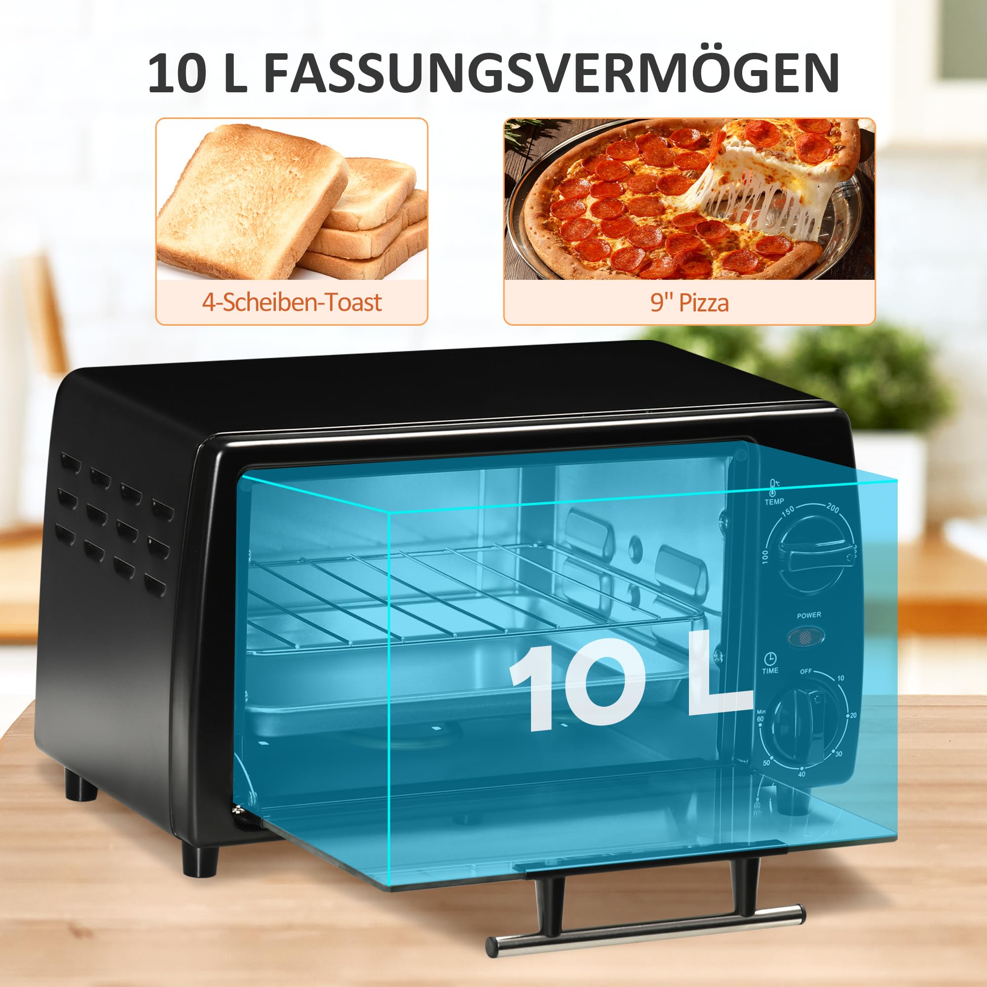 HOMCOM Mini Backofen 10 L 750W 100-230℃ 60 Min. Timer mit Backblech, Grillrost und Herausnehmbarer Bodenschale, Pizza-Ofen, Schwarz