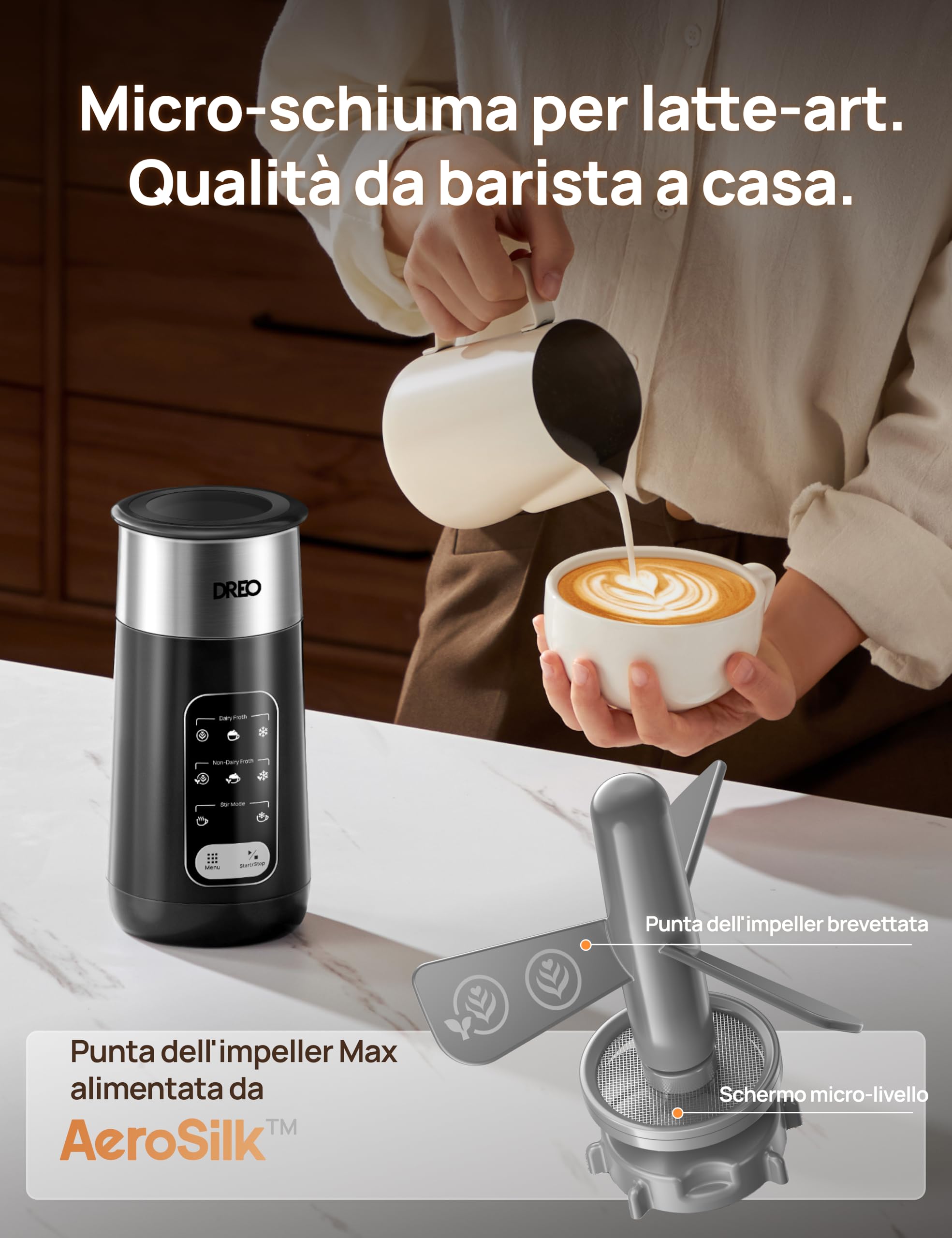 DREO Montalatte Elettrico, 8-in-1 Montalatte per Latte, Cappuccino, Cioccolata Calda, 270ml Milk Frother in Acciaio Inossidabile per Schiuma Calda e Fredda, LED, Facile da Pulire