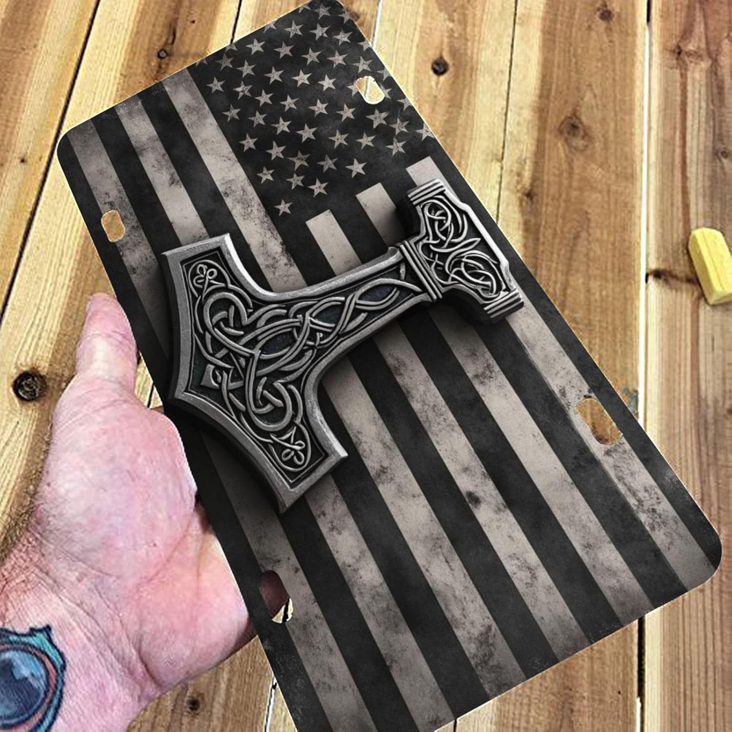 Hammer American Flag License Plate - 12x6 Aluminum Mjolnir Viking Norse Patriotic Car Decor