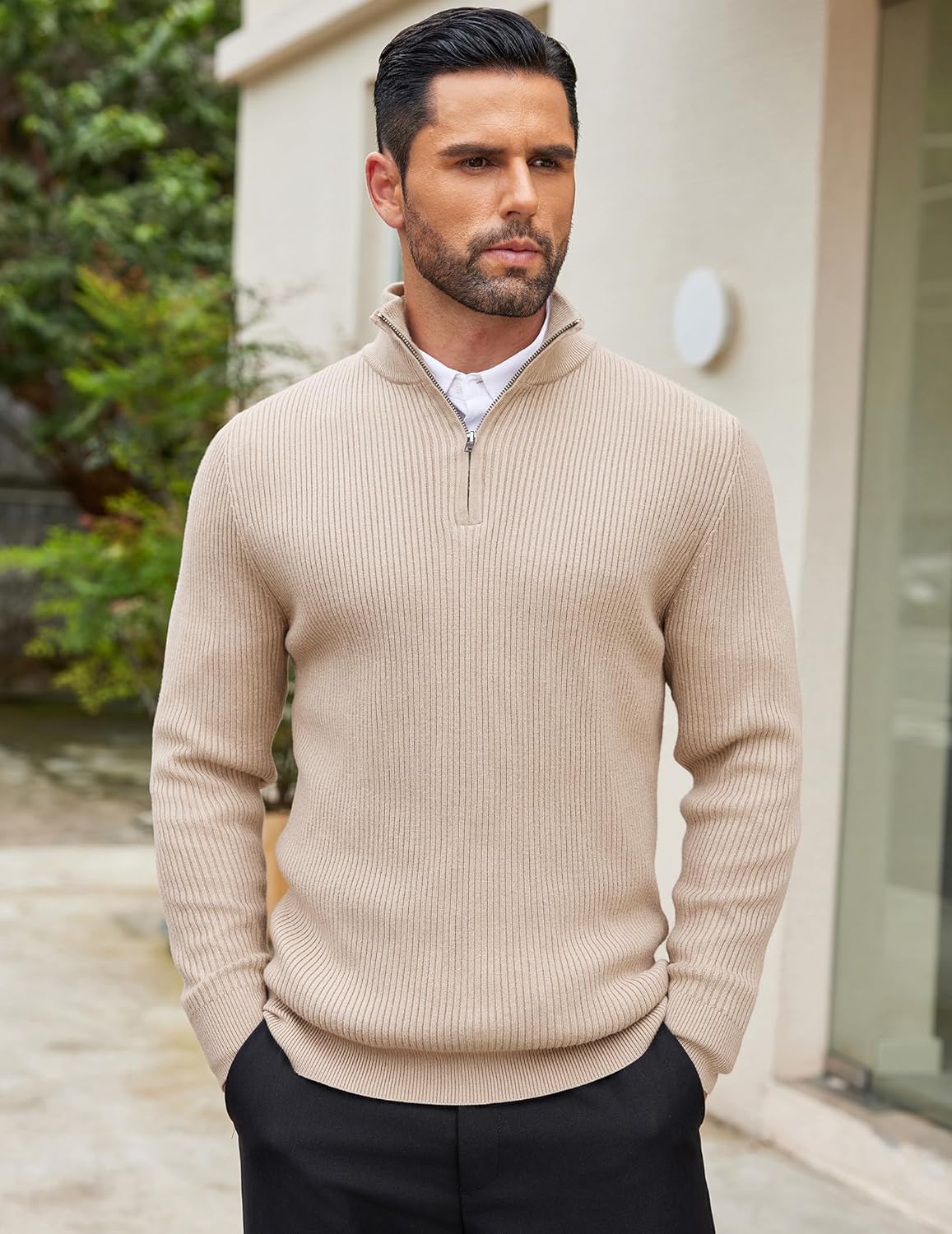 COOFANDY Men's Quarter Zip Sweaters Slim Fit Mock Neck Pullover Sweaters Lightweight Knitted Polo Sweater - Image 2