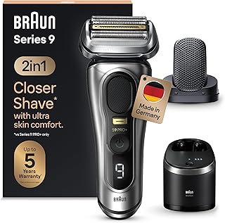 Braun Series 9 Pro+ Men's Electric Shaver with 5 Shaving Elements, ProComfort Attachment, 2-in-1 System, Cleaning Station, 60 Minutes Running Time, Made in Germany, 9597cc, Silver