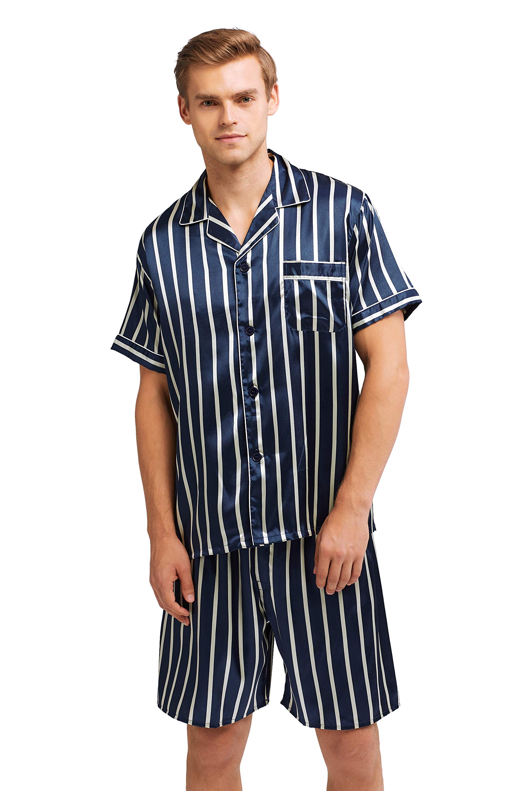 RuanMM Heren-pyjamaset van satijn, korte mouw, zijdeachtige pyjamabroek, hoogwaardige button-down nachtkleding, veelkleurig, zijdeachtig heren-pyjamaset, goudbruin, XXL RuanMM Heren-pyjamaset van satijn, korte mouw, zijdeachtige pyjamabroek, hoogwaardige button-down nachtkleding, veelkleurig, zijdeachtig heren-pyjamaset, goudbruin, XXL