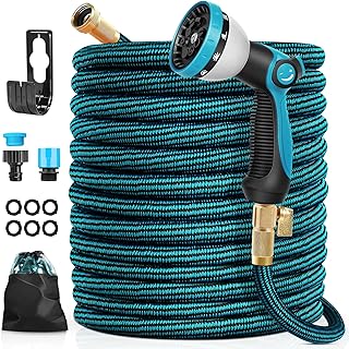 100ft Expandable Garden Hose with 10 Functions Metal Hose Spray Nozzle, 3/4 Solid Brass Fittings, Flexible Lightweight Wat...