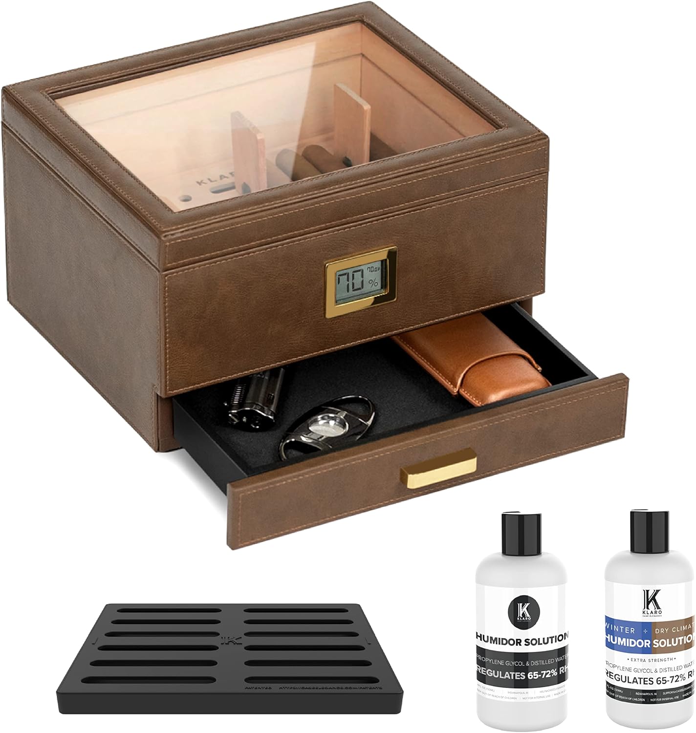 CASE ELEGANCE Belmont Glass Top Humidor Easy Humidification System, Thick Cedar, Accurate Digital Hygrometer, Leather Wrapped, Brown, Holds 30-60 Cigars