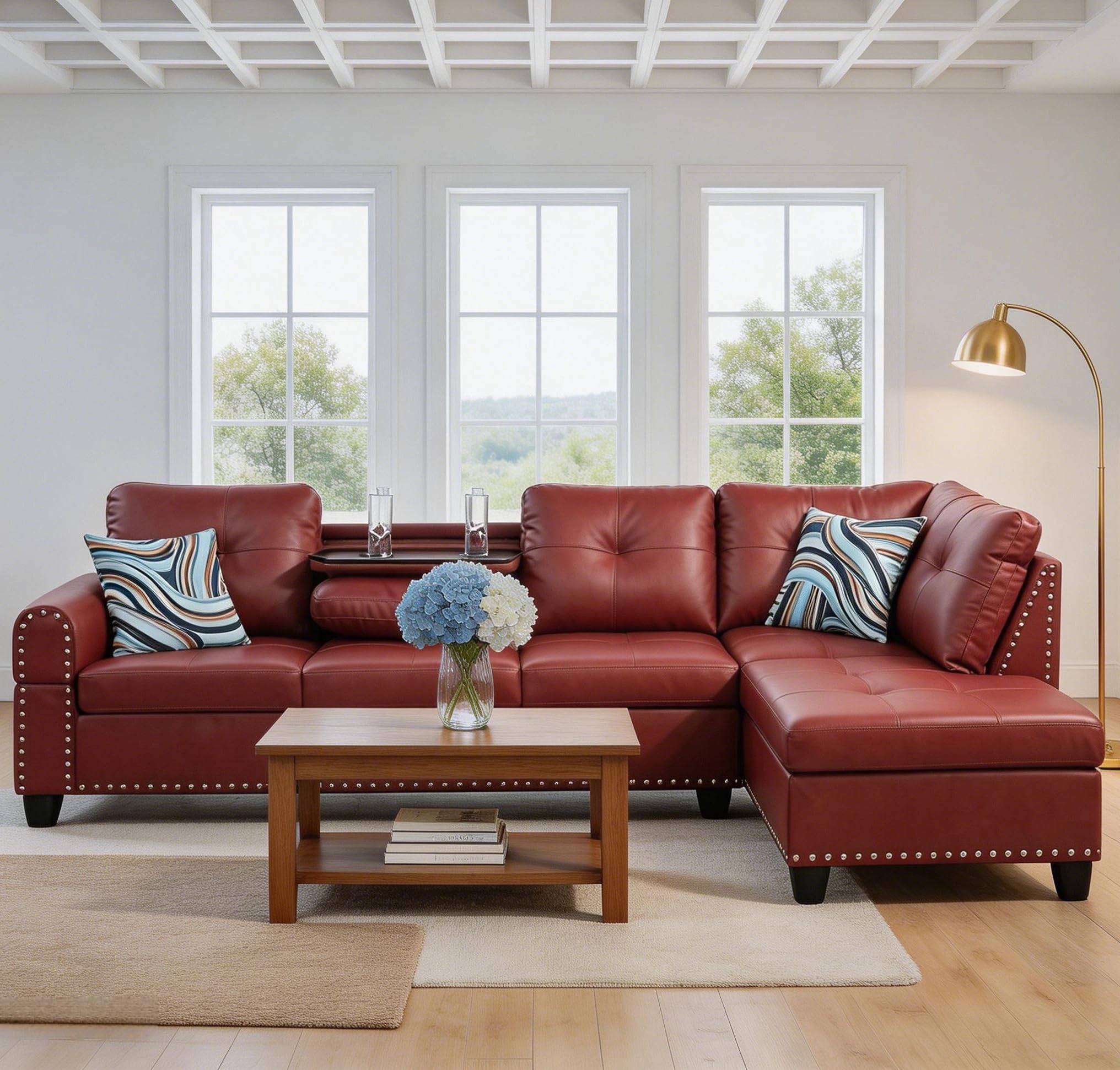 Trygoal L-Shaped Sectional Sofa, Modern 4-Seat Couch with Built-in Cup Holders, Leather Sectional Couch with Right Facing Chaise for Living Room,