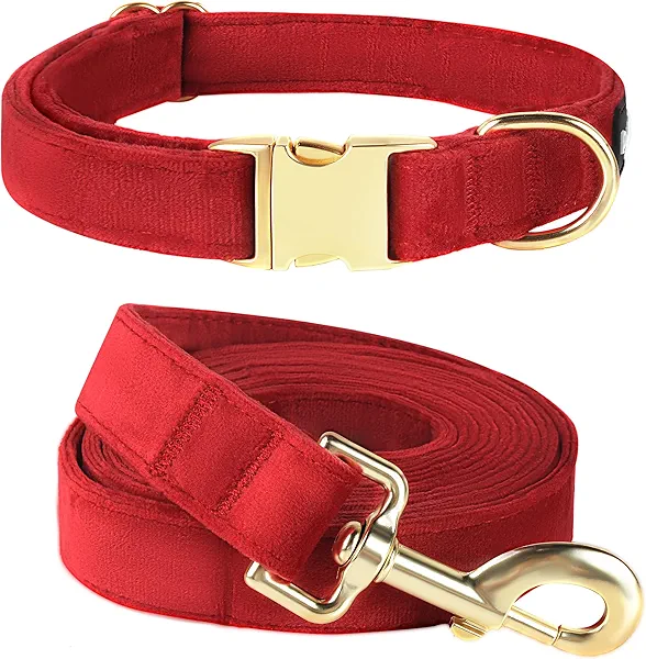 PetiFine Dog Collar and Leash Set - Adjustable Red Super Soft Velvet With Metal Buckle for Small Medium Large Dogs