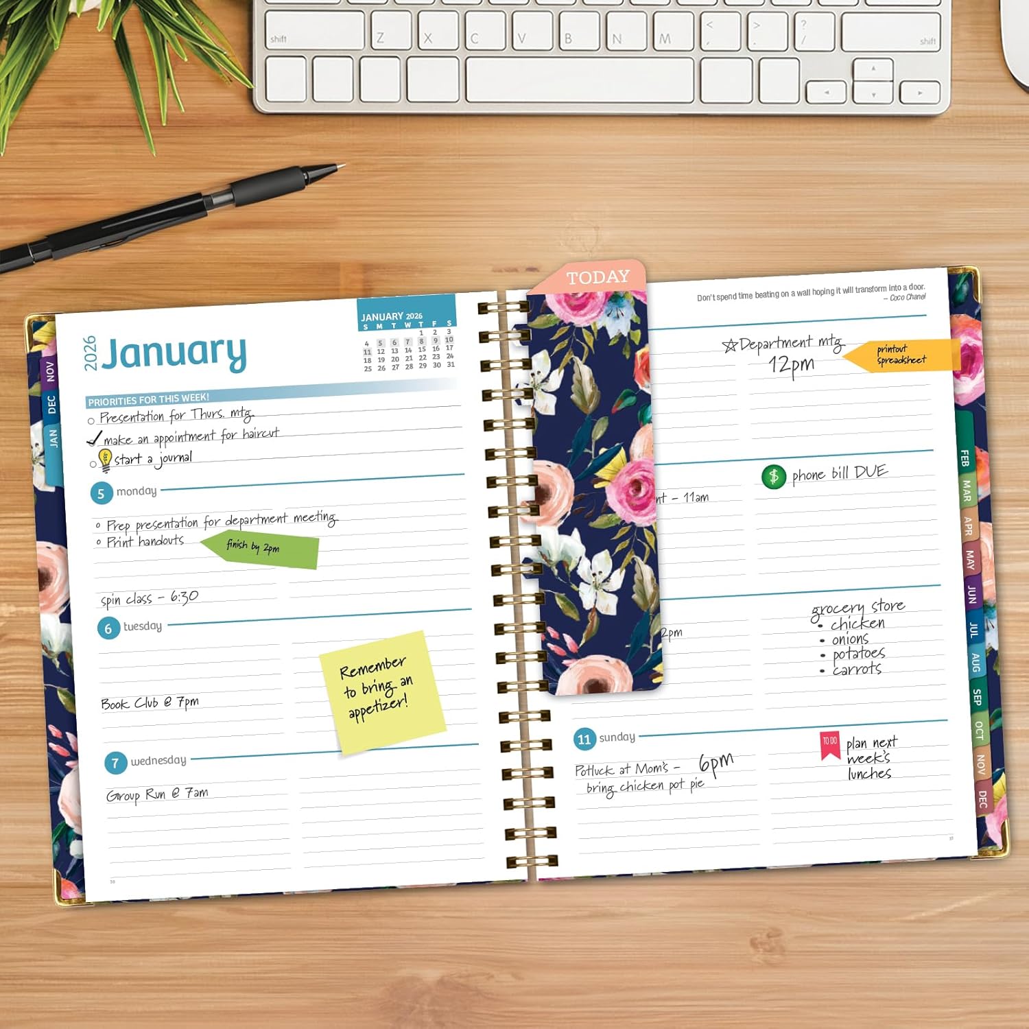 HARDCOVER 2026 Planner, 8.5"x11": 14 Months (November 2025 - December 2026), Daily Weekly Monthly Planner, Yearly Agenda, Bookmark, Pocket Folder and Sticky Note Set (Small Navy Floral)