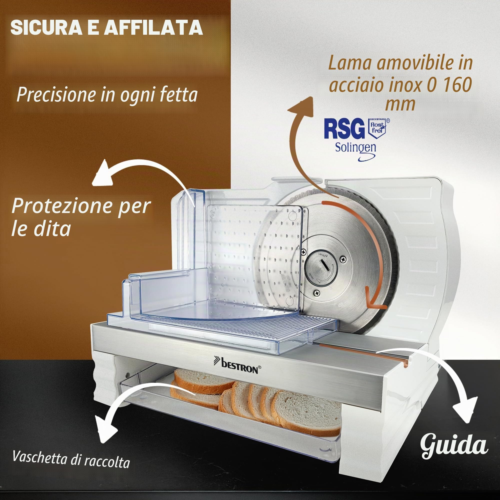 Bestron Affettatrice per pane, con lama in acciaio inox RSG, realizzata in Germania, regolazione continua dello spessore di taglio da 0 a 20 mm, affettatrice universale con pulsante di cambio per un