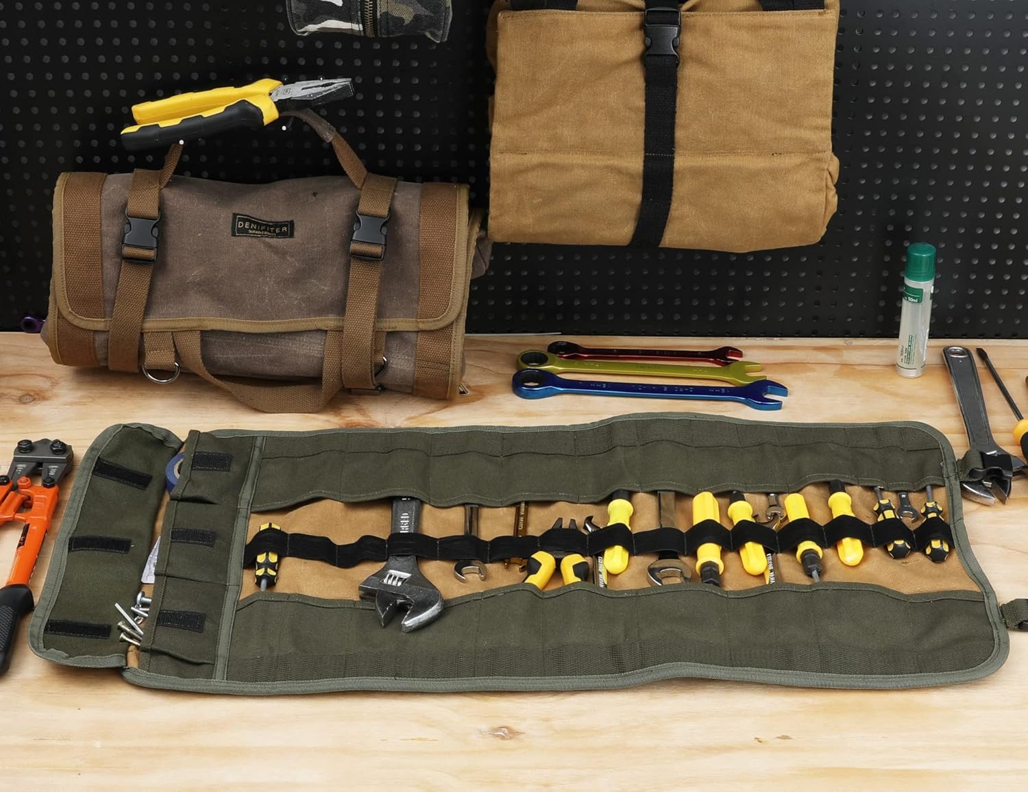 Wrench Tool Roll, Heavy Duty Waxed Canvas Multi-purpose Tool Pouch Bag With 25 Pockets, Easy Storage, Durable (Khaki)