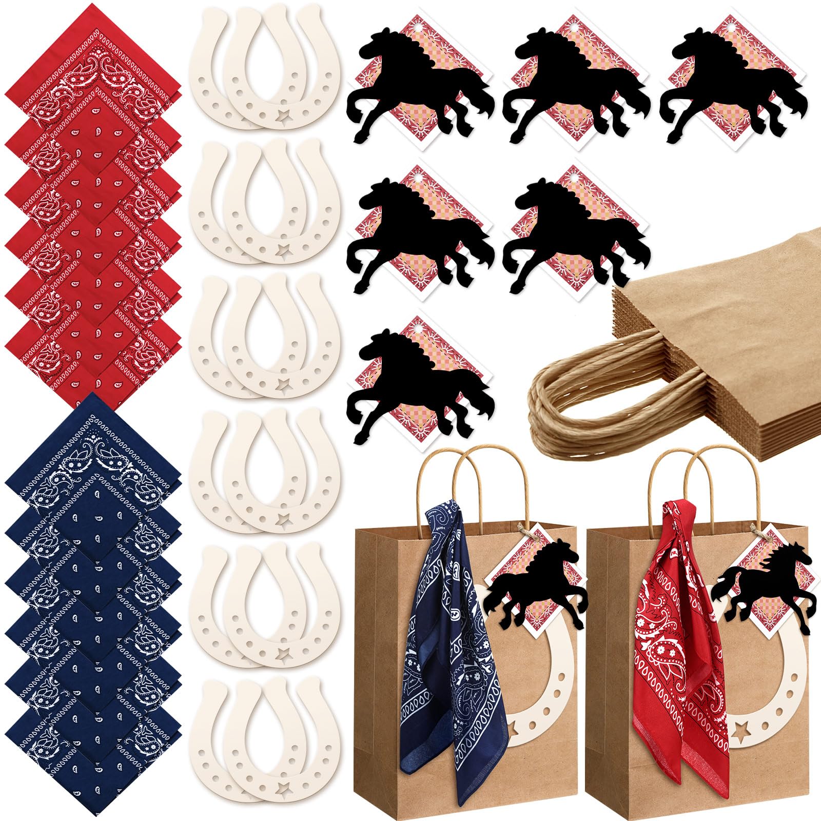 Jeere 12 Set Western Cowboy Gift Bags with Handles Western Theme Party Decorations Cowboy Paper Bags Set with Red and Blue Paisley Bandana Horseshoes