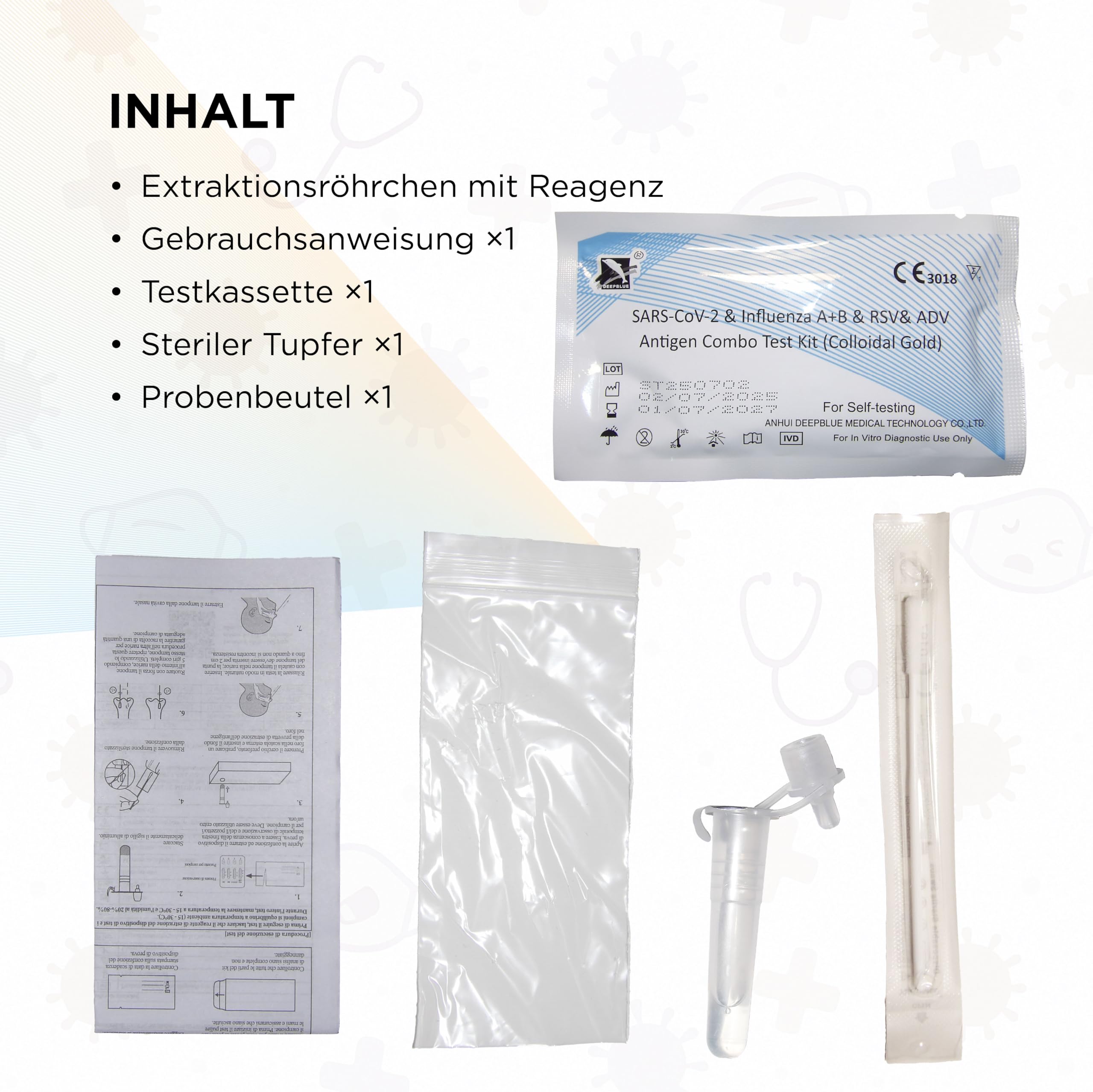 5in1 Antigen Schnelltest 5 Stück – COVID-19 Influenza A+B RSV Adenovirus – 15 Min Ergebnis – Nasenabstrich Selbsttest