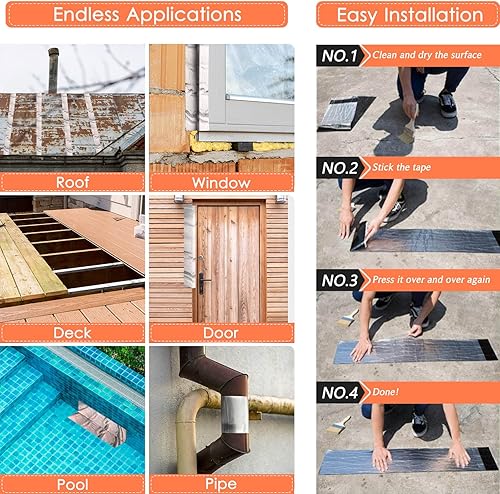 Miniatura 6 de BXI Membrana de cinta de rollo intermitente, 6 pulgadas x 32 pies de grosor, cinta de sellado de parche impermeable, asfalto de goma modificado SBS