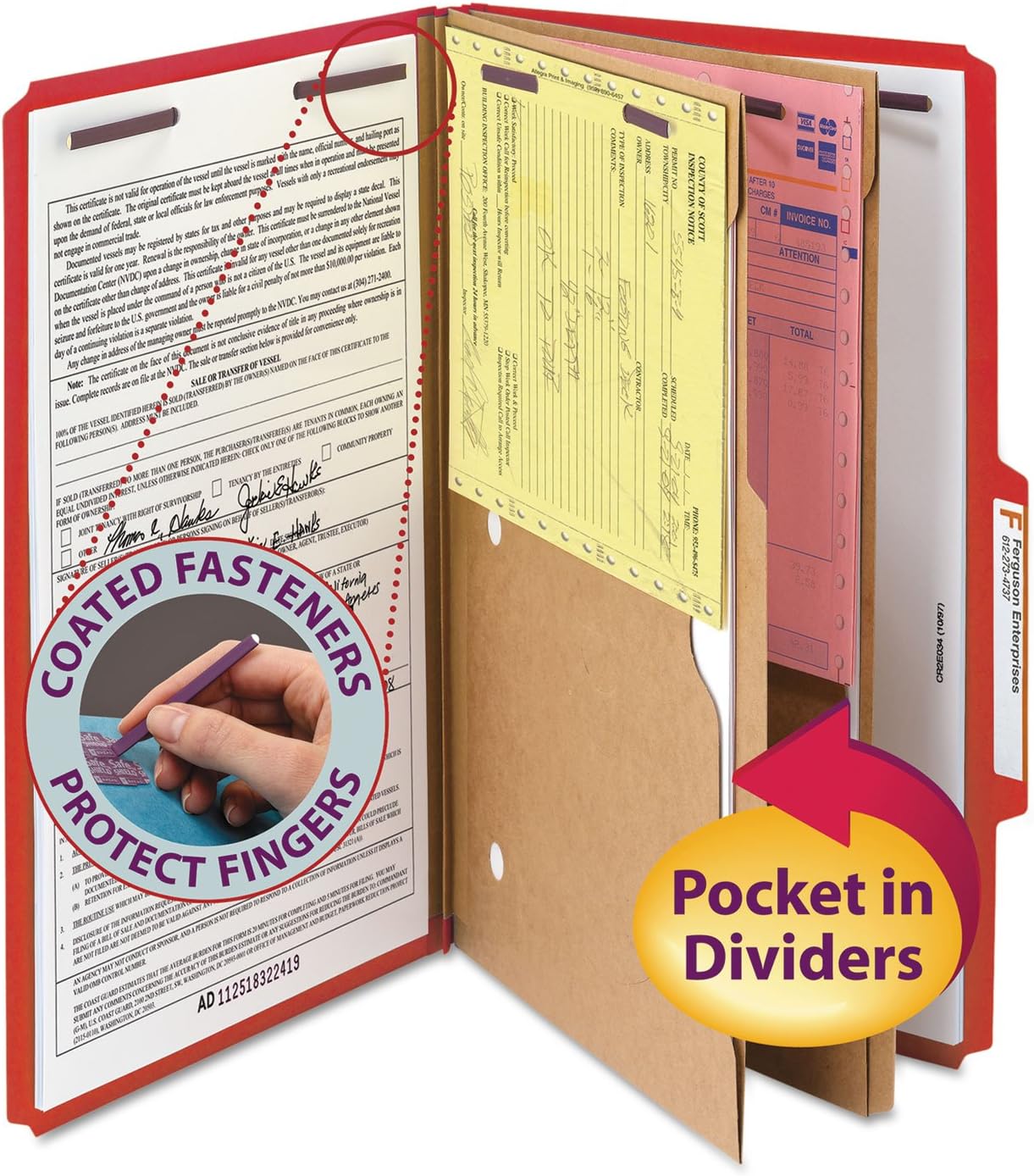 Smead Pressboard Classification File Folder with SafeSHIELD Fasteners, 2 Pocket Dividers, 2" Expansion, Legal Size, Bright Red, 10 per Box (19082)