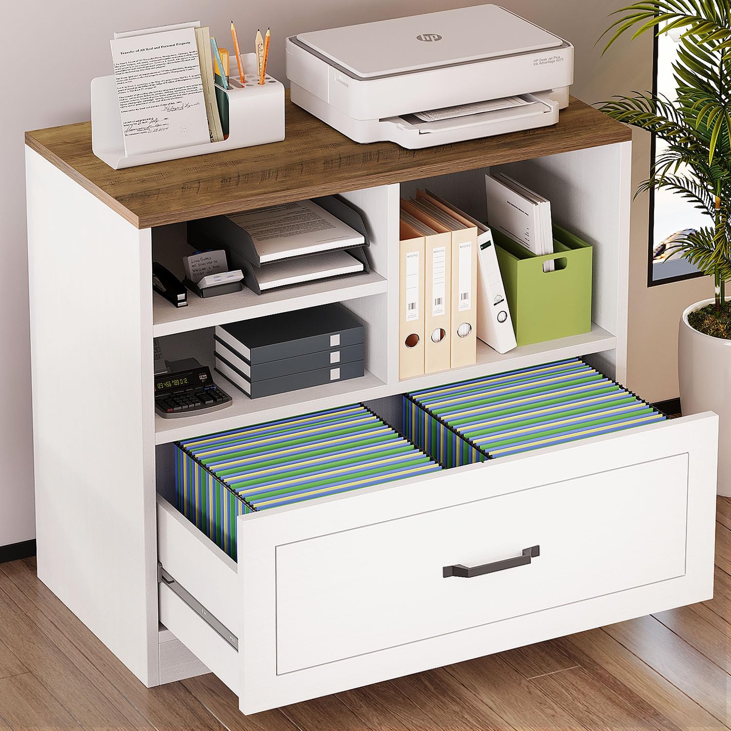 LVB Aktenschrank mit Schublade Schreibtisch Schrank für DIN A4 Letter Format Druckerständer Büroschrank mit offenem Regal für Arbeitszimmer Büro und HomeOffice Schubladenschrank Weiß 83 cm
