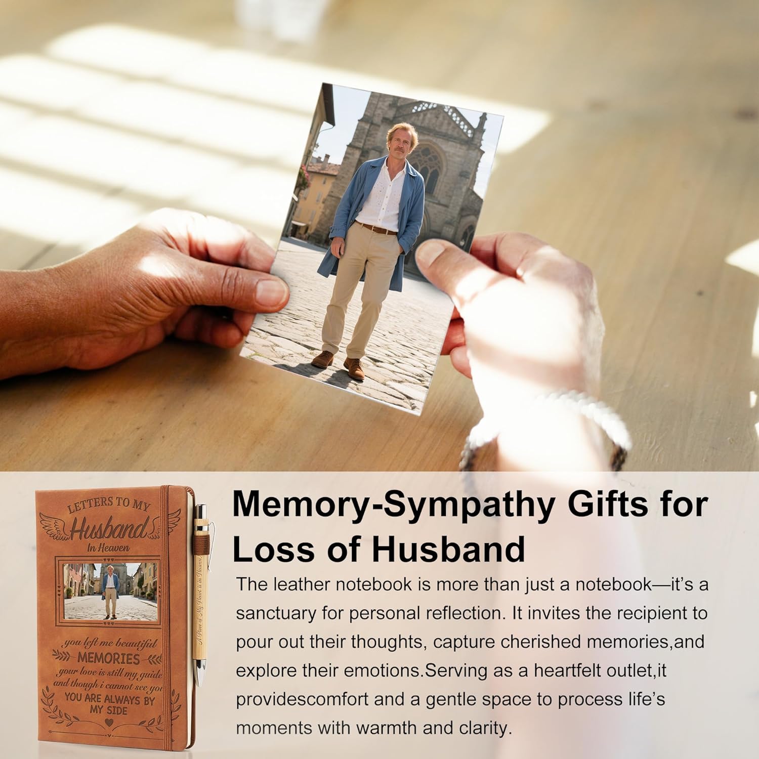Letter to My Husband in Heaven Leather Journal Sympathy Gifts for The Loss Of Husband, Leather Journal A5 Notebook and Angel Keychain, Bereavement Memorial Travel Photo Diary With Wood Pen