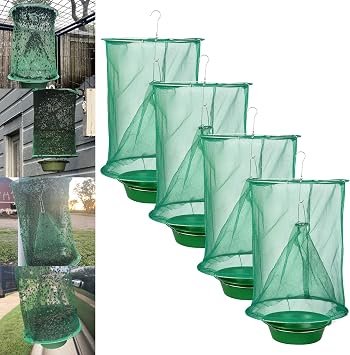 4 Fly Traps Outdoor Hanging, Ranch Stable Horse Fly Hunter Catcher Cage | Flies Control Killer Repellent with Food Bait Tray for Barn, Orchard, Farm, Horse, Patio