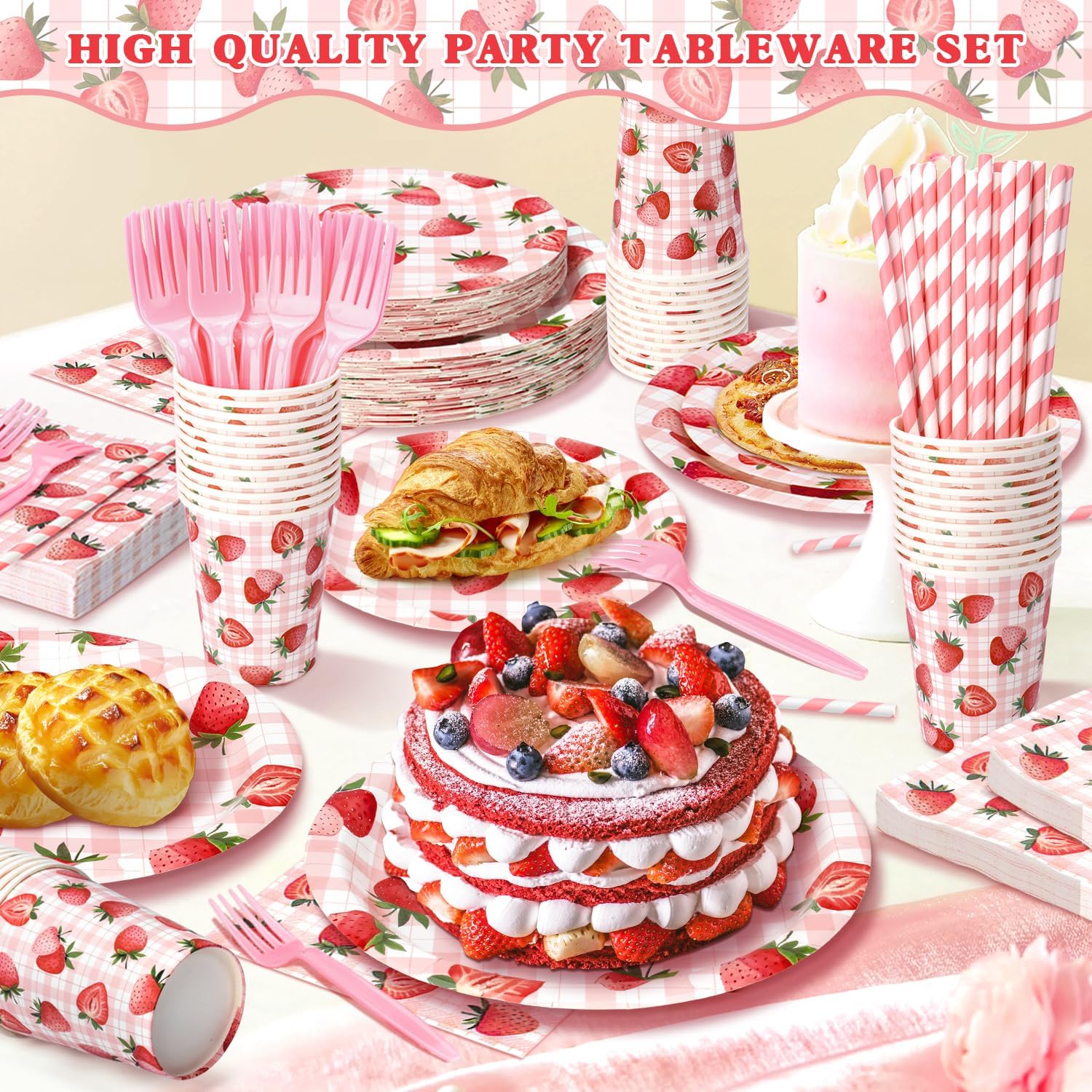 300 Pcs Berry First Birthday Decor, Strawberry Decorations For Party, Strawberry Shortcake Birthday Decorations, Plates and Napkins Serves 50 Guests - Image 5