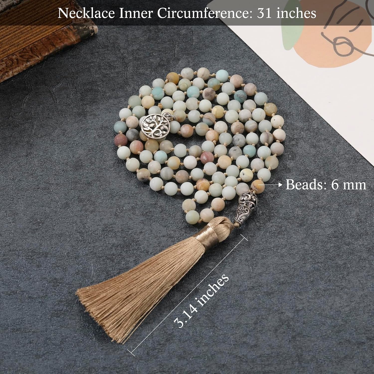 INBLUE 108 Mala Prayer Beads Wrap Necklace with Long Tassel Boho Necklace for Women Amazonite Bead Bracelet with Spiritual Tree of Life Pendant 108 Beads Necklace for Meditation