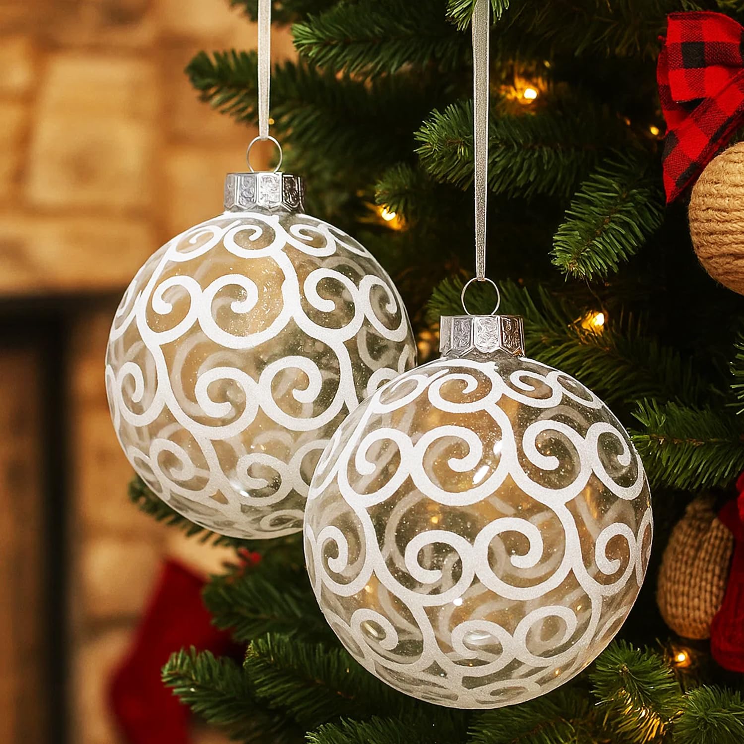 8pk Palline di Natale a spirale bianche trasparenti per decorazioni per l'albero di Natale - Palline di plastica infrangibili extra large da 120 mm e decorazioni a forma di fiocco di neve