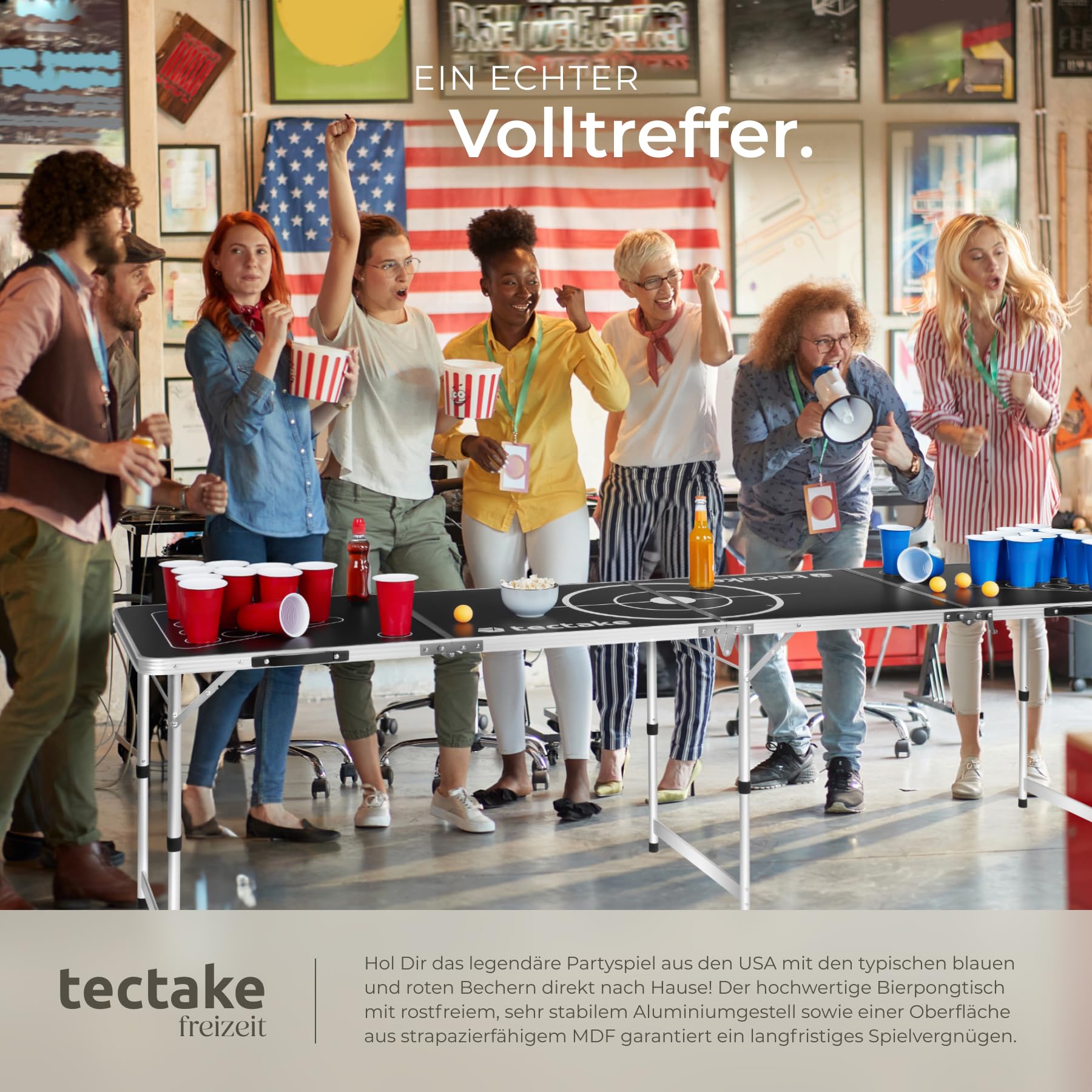 tectake® Bierpong Tisch, Beer Pong Tisch, inkl. 100 Becher (50 rot & 50 blau) und 6 Bälle, höhenverstellbar, Tisch klappbar mit Tragegriffen, Partyspiele für Erwachsene, Trinkspiel, Beer Pong