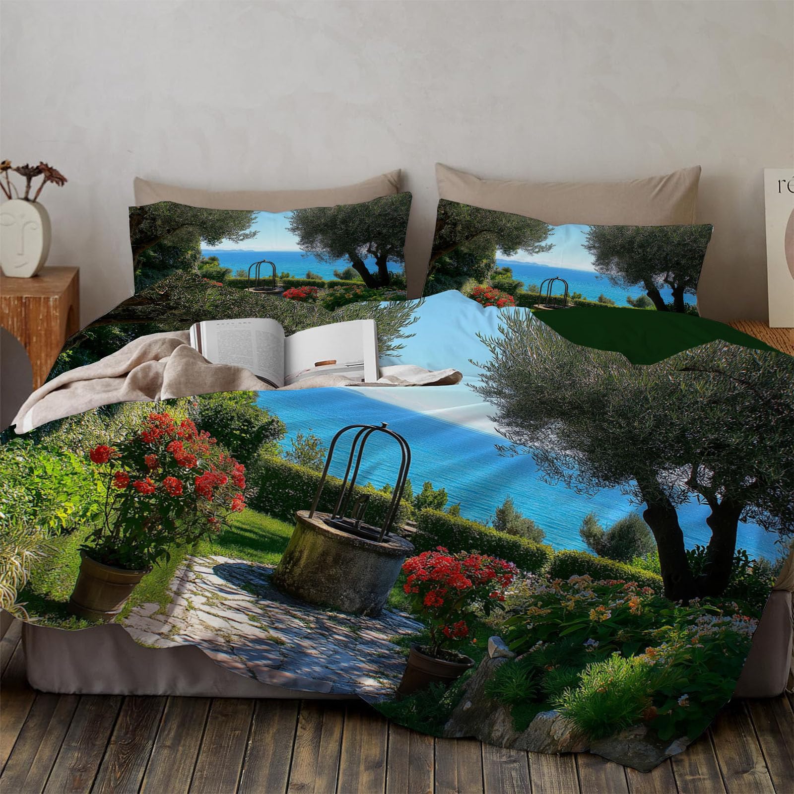 Parure de couette sarcelle 240x260 drap de lit paysage campagne mer toutes saisons