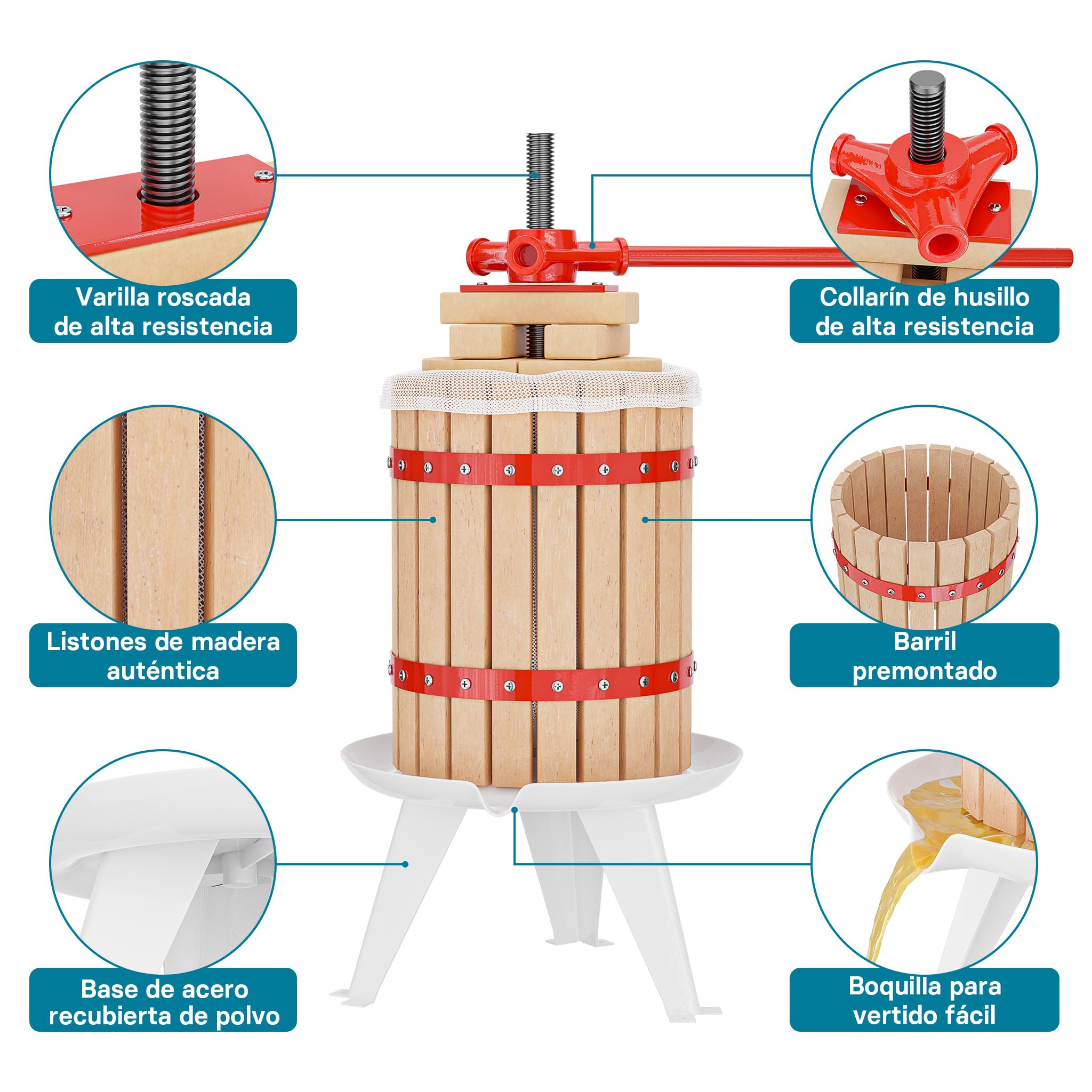 WilTec Prensa para Frutas Bayas Vino Sidra de Madera con Capacidad de 6 litros y Bolsa de macerado