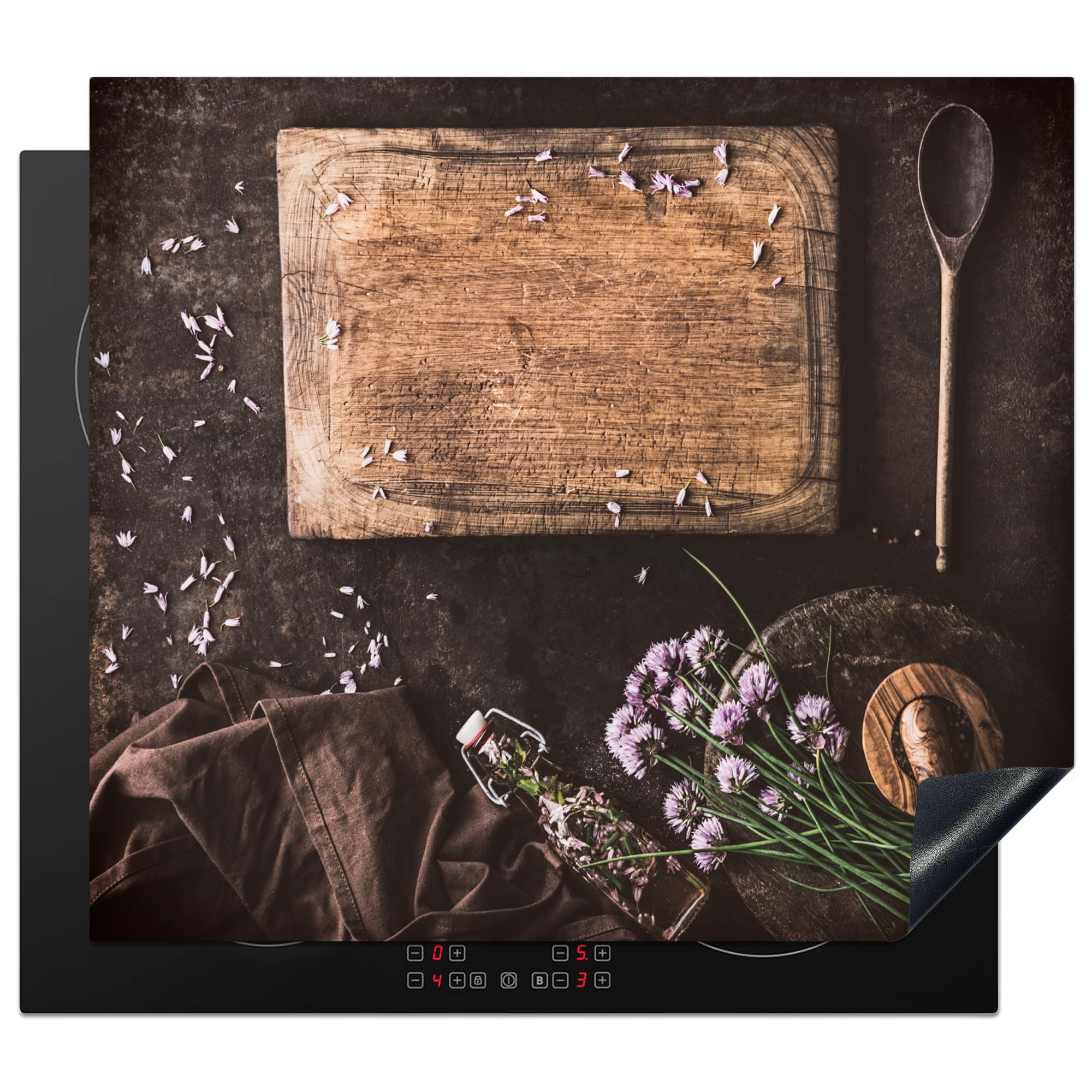 KitchenYeah© Herdabdeckplatte Einteilig Abdeckplatten Cerankochfeld Abdeckung Ceranfeld Herdplattenabdeckung Induktionsmatte Schneidebrett - Kräuter - Löffel - Mörser - Schnittlauch - 59x52 cm