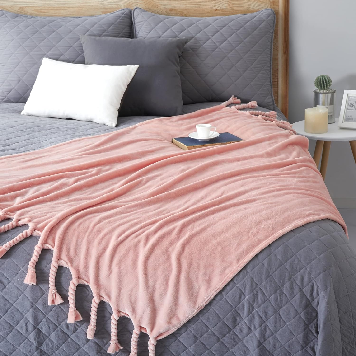 Homiest Fleece Throw Blanket with Fringe, Soft & Cozy Flannel Light Pink Blanket, Lightweight Decorative Blanket for Sofa Bed Chair All Season (Blush Pink, 50 x 60 Inch) - Image 5