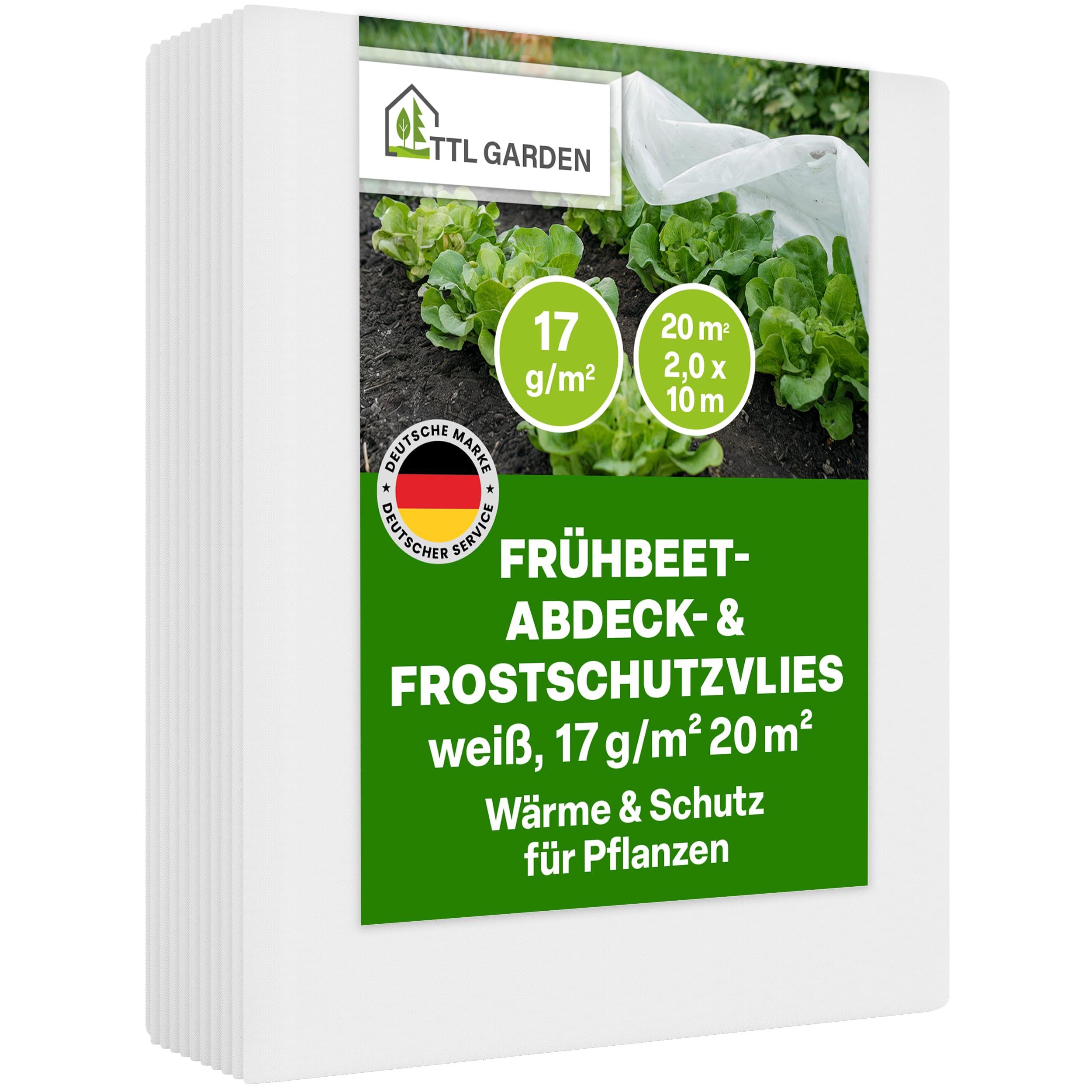TTL GARDEN 20m² 2m x 10m Frühbeetvlies 17g/m² - atmungsaktives Wachstumsvlies Hochbeetvlies Frostschutz für Beet, Abdeckvlies, Insektenschutz Vlies für Beete zum Schutz vor Frost & Schädlingen