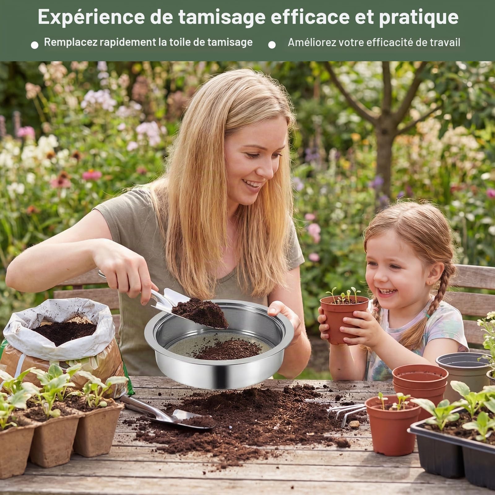 5 en 1 Tamis Jardinage Tamis Sable en Acier Inoxydable Ø 1, 3, 6, 9, 12 mm Tamis de Terre avec 1 Pelle à Main pour Terre, Pierres, Compost, Mauvaises Herbes, Sable, Gravier, Graines