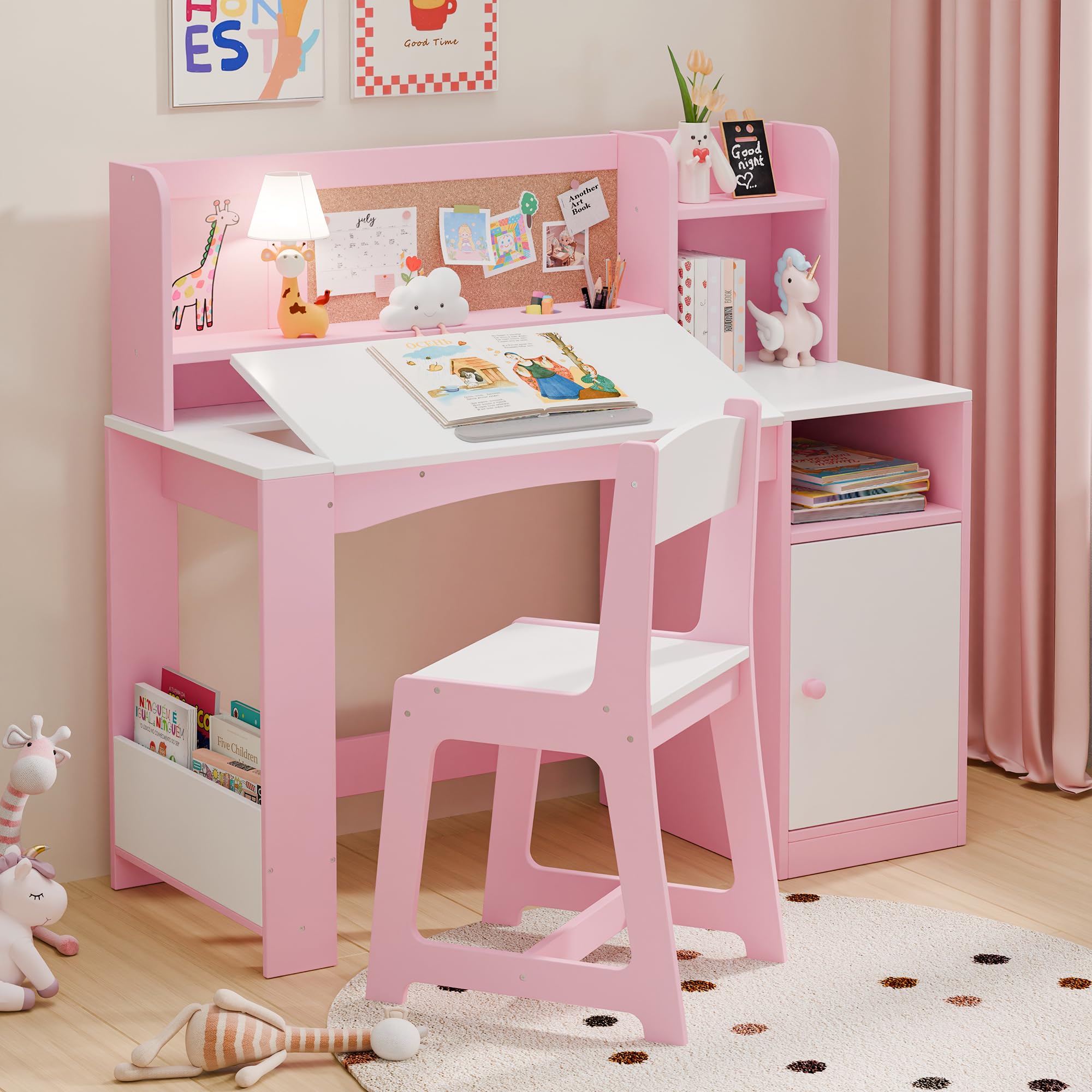 Kids Study Desk with Chair and Tiltable Desktop, Kids Stud Des and Chair Set with Hutch&Storage Cabinet, Wooden Children Study Table for 5-12 Years