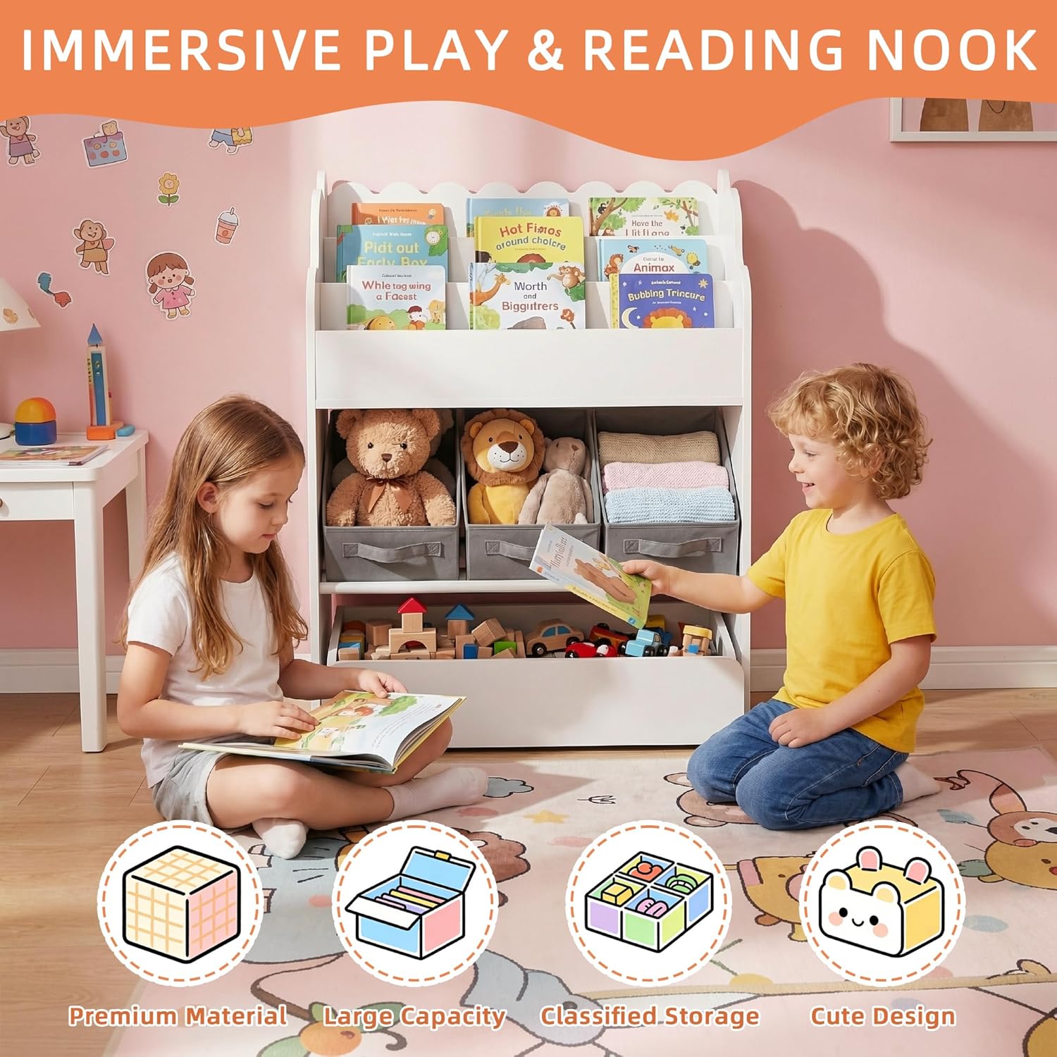 Kids Bookshelf with Fabric Storage Bins & Sliding Drawer, Multi-Functional Wooden Book Organizer for Toddlers, White Kids Bookcase for Toys, Scalloped Edge Design