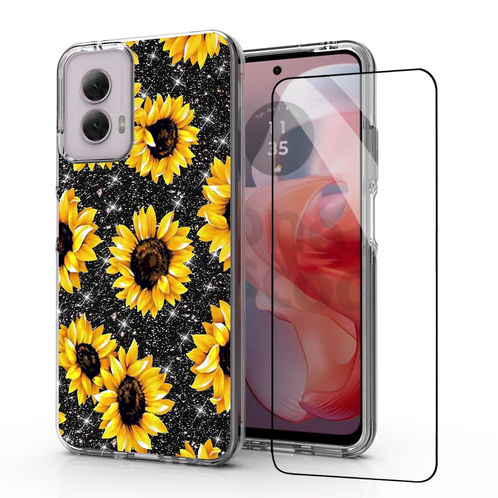 Moto G Power 5G 2024 Mobile Phone Case, Tempered Glass Protector Dual Layer Resilient Shock Absorb Case (Yellow Sunflower)