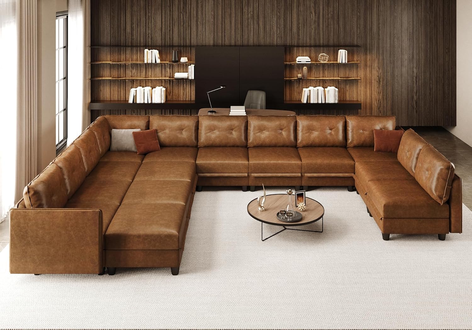 LLappuil Faux Leather Modular Sofa with Storage, Modern Comfy Sectional Couches for Living Room | Oversized 14 Seater, U-Shaped Sleeper, WaterProof, Easy-Clean, Brown