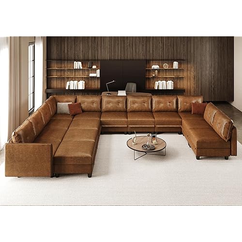 LLappuil Oversized Modular Sectional Couches for Living Room, Convertible U Shaped Couch with Reversible Chaise, Faux Leather Waterproof Sofa with Storage, 12 Seats, Brown