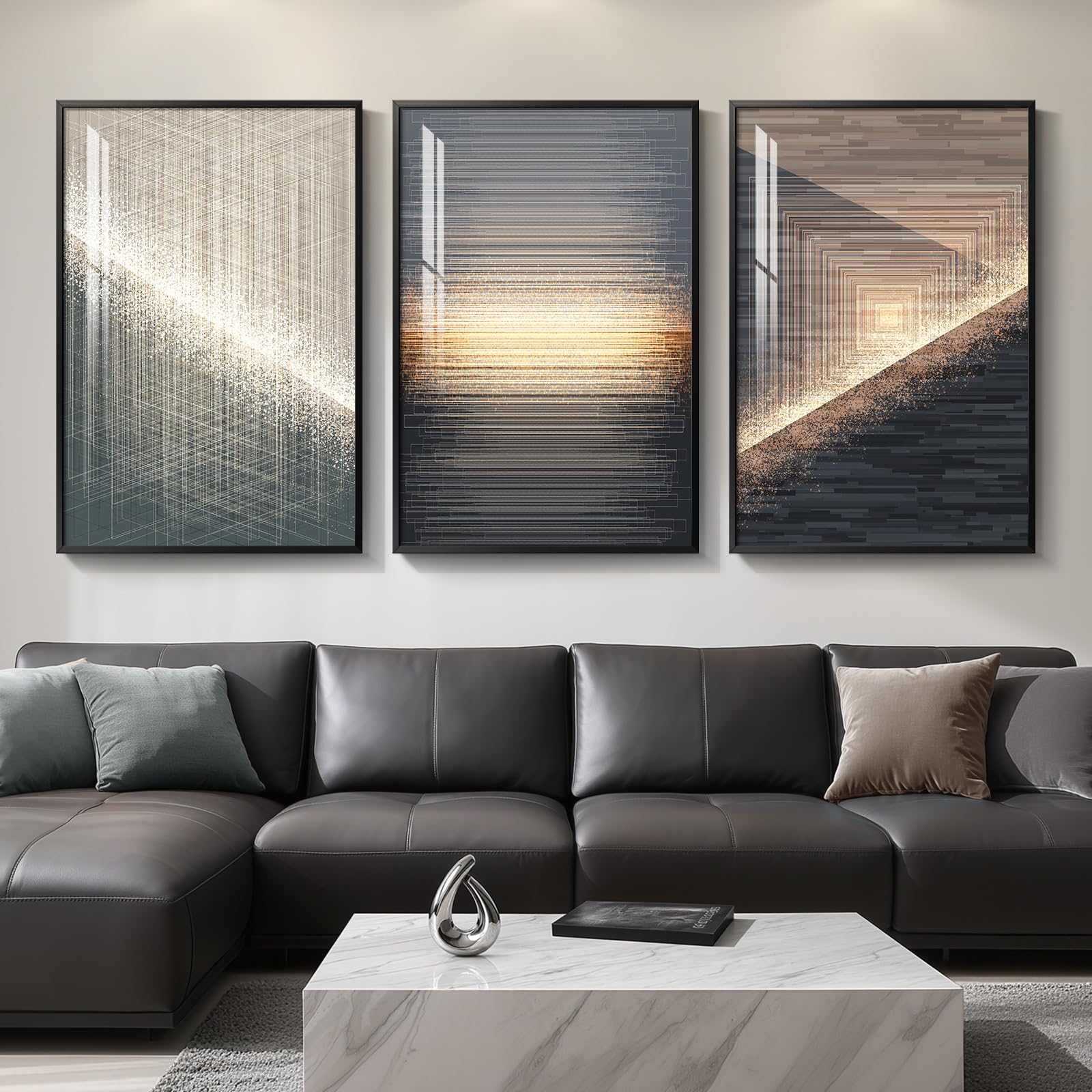 Large Framed Black and Gold Modern Luxury Abstract Wall Art for Living Room, 3 Piece Brights Prints Paintings Artwork for Walls, Geometric Line Pictures for Entryway Dining Bedroom Wall Decor 24x36 In